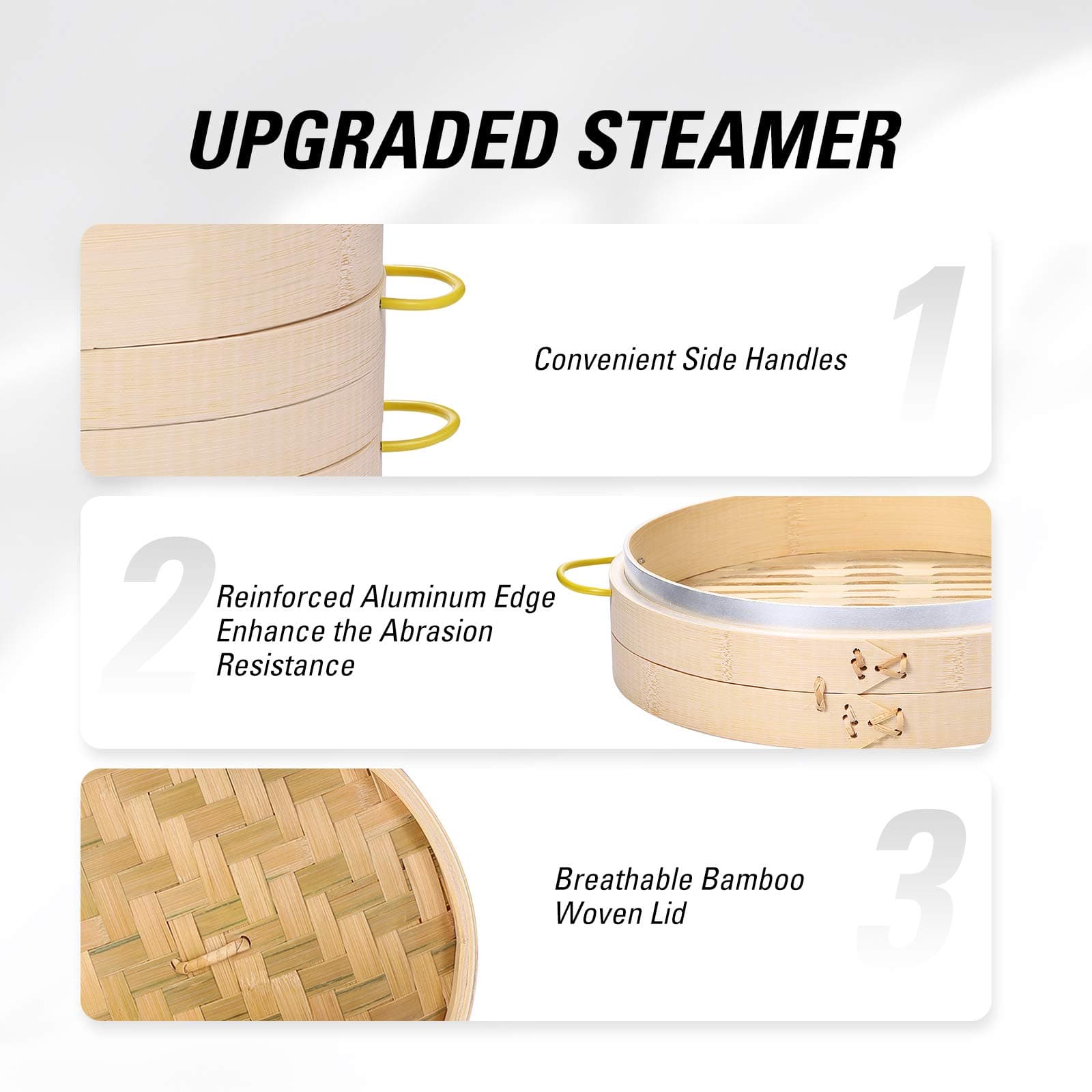 MacaRio Bamboo Steamer Basket Set 10 inch Dumpling Steamer for Cooking with Side - Thumbnail 8