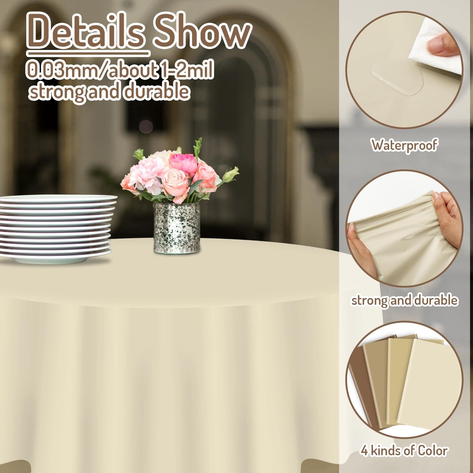 Whaline 16 Pcs Brown Gradient Plastic Tablecloth 4 Colors Round Table Cover Wate - Thumbnail 3