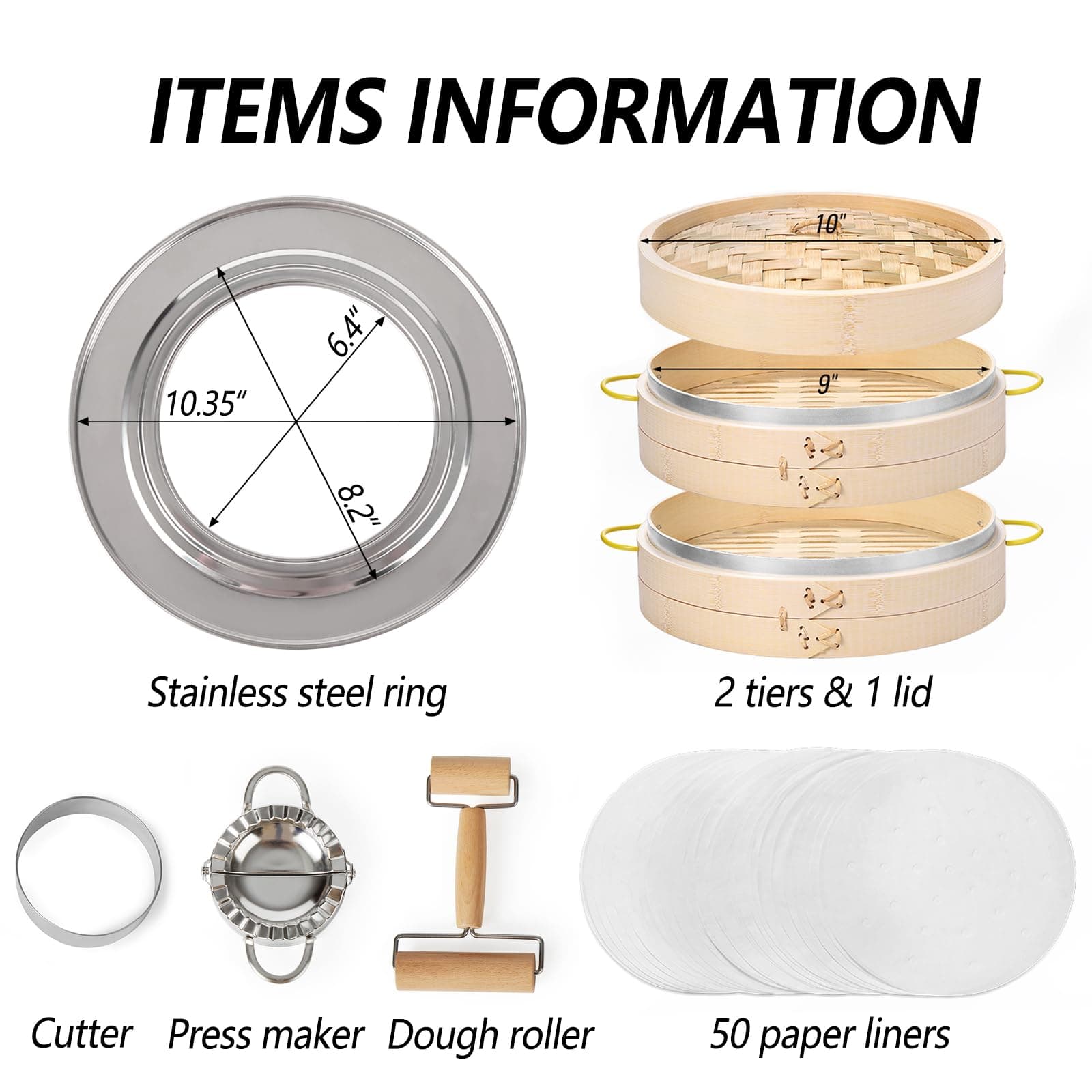 MacaRio Bamboo Steamer Basket Set 10 inch Dumpling Steamer for Cooking with Side - Thumbnail 2