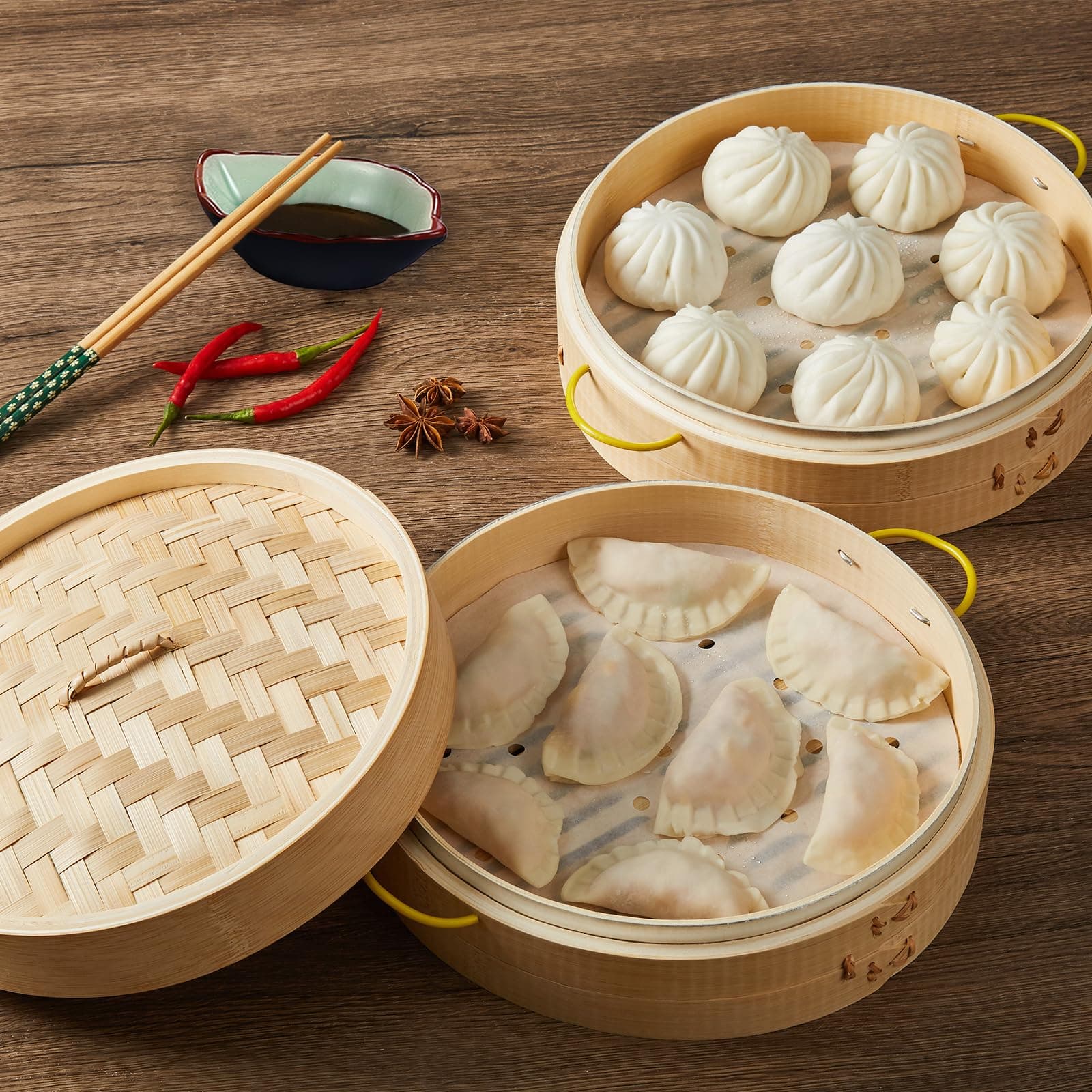 MacaRio Bamboo Steamer Basket Set 10 inch Dumpling Steamer for Cooking with Side - Thumbnail 3