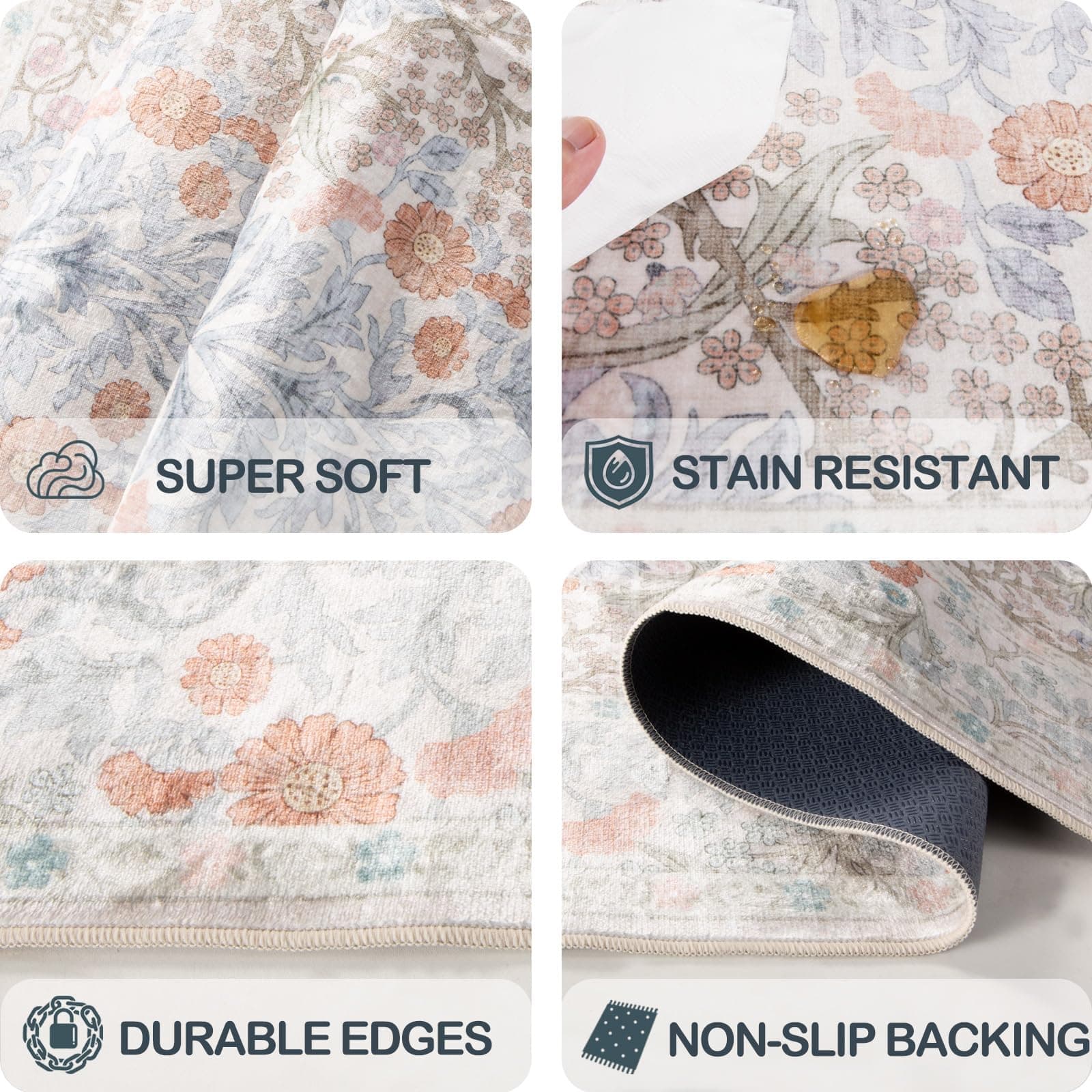Shinefly Vintage Beige Blue Living Room Rug 6x9 Washable Non-Slip Floral Area Ca - Thumbnail 5