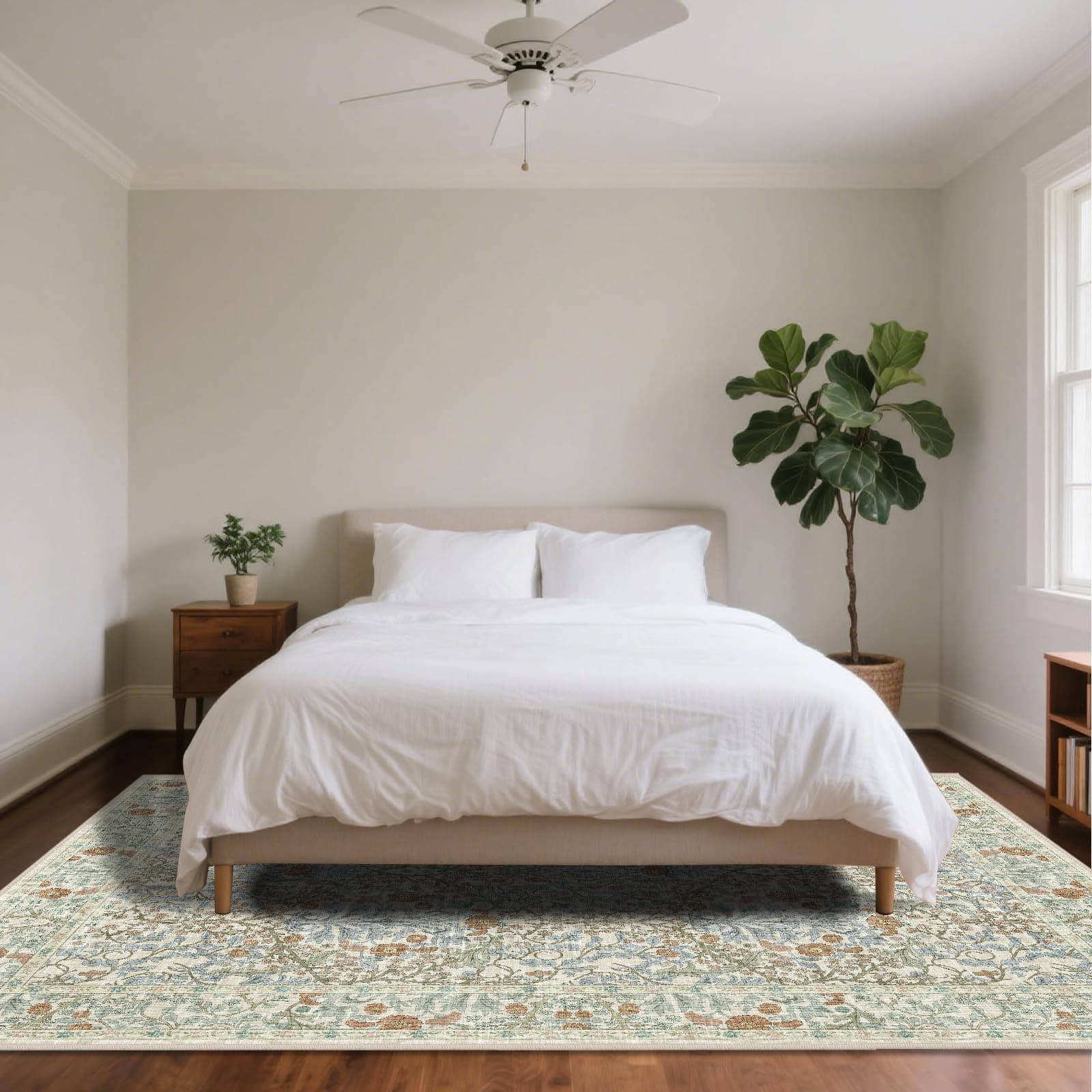 Shinefly Vintage Beige Blue Living Room Rug 6x9 Washable Non-Slip Floral Area Ca - Thumbnail 3