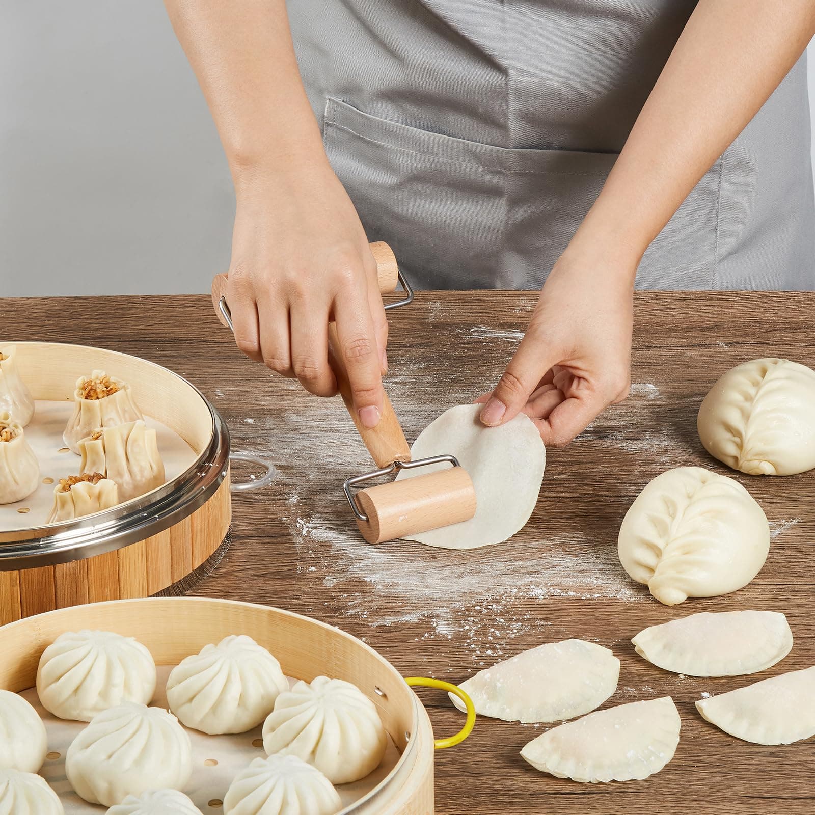 MacaRio Bamboo Steamer Basket Set 10 inch Dumpling Steamer for Cooking with Side - Thumbnail 4