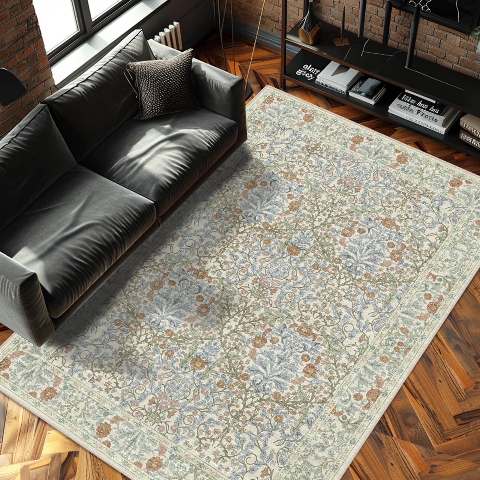 Shinefly Vintage Beige Blue Living Room Rug 6x9 Washable Non-Slip Floral Area Ca - Thumbnail 2