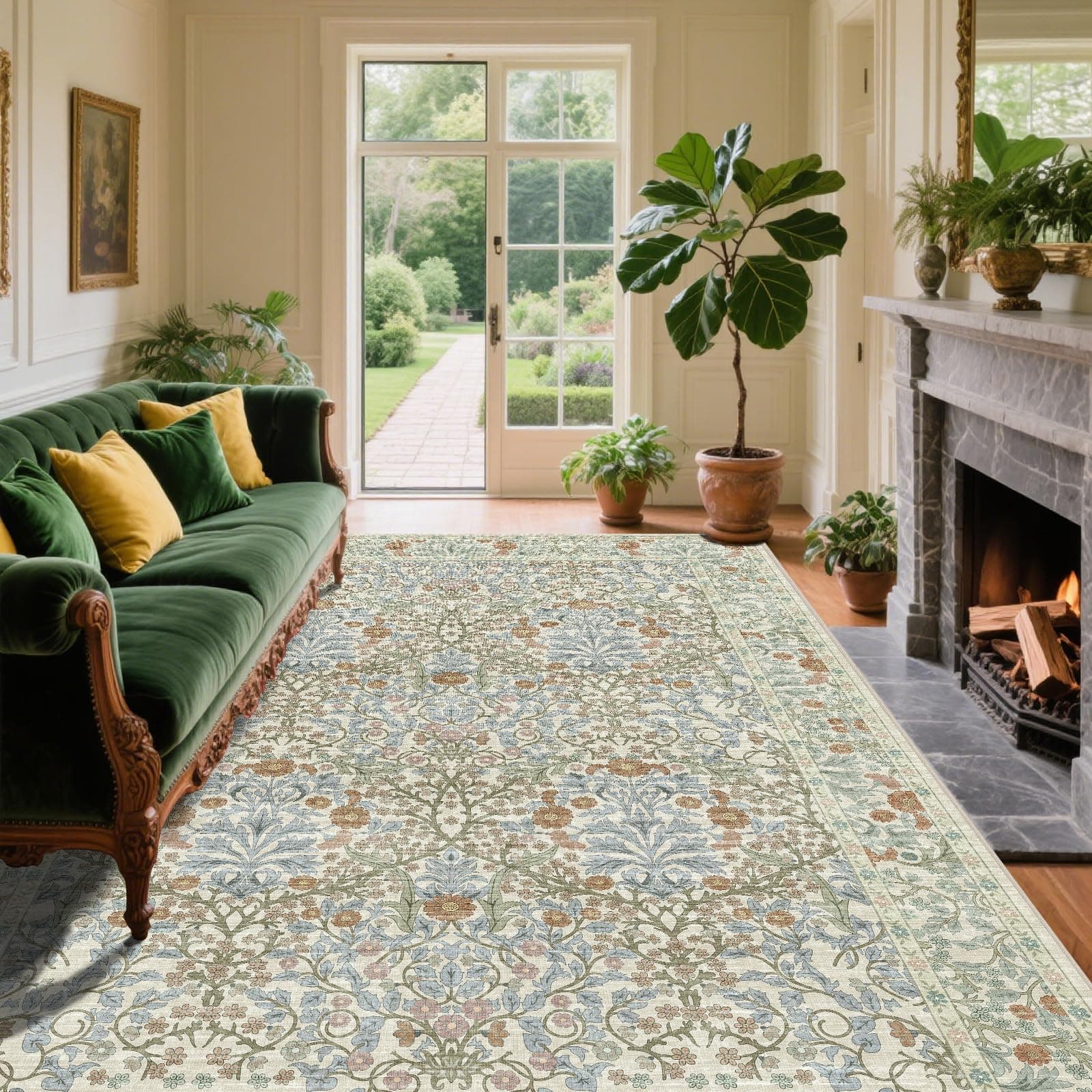 Shinefly Vintage Beige Blue Living Room Rug 6x9 Washable Non-Slip Floral Area Ca