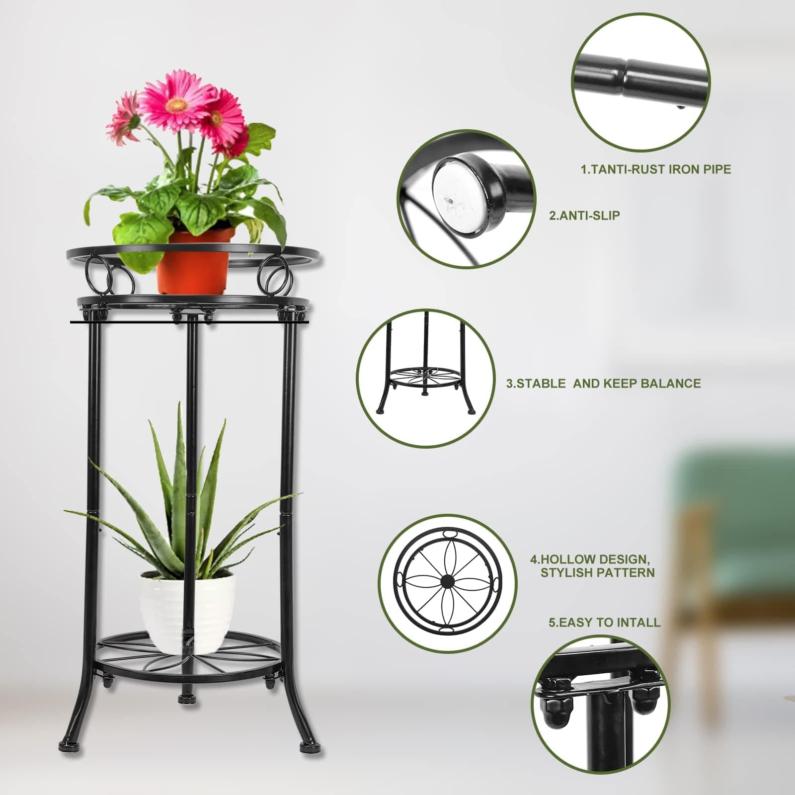 THKFUL 2Pack Plant Stand Indoor Outdoor 20.3in Heavy Duty Metal Pot Plant Stands - Thumbnail 2