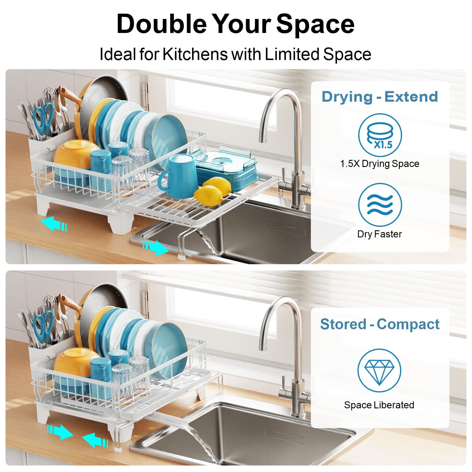 GSlife Expandable Dish Drying Rack Kitchen Counter Large Capacity 2-in-1 Rust Re - Thumbnail 2