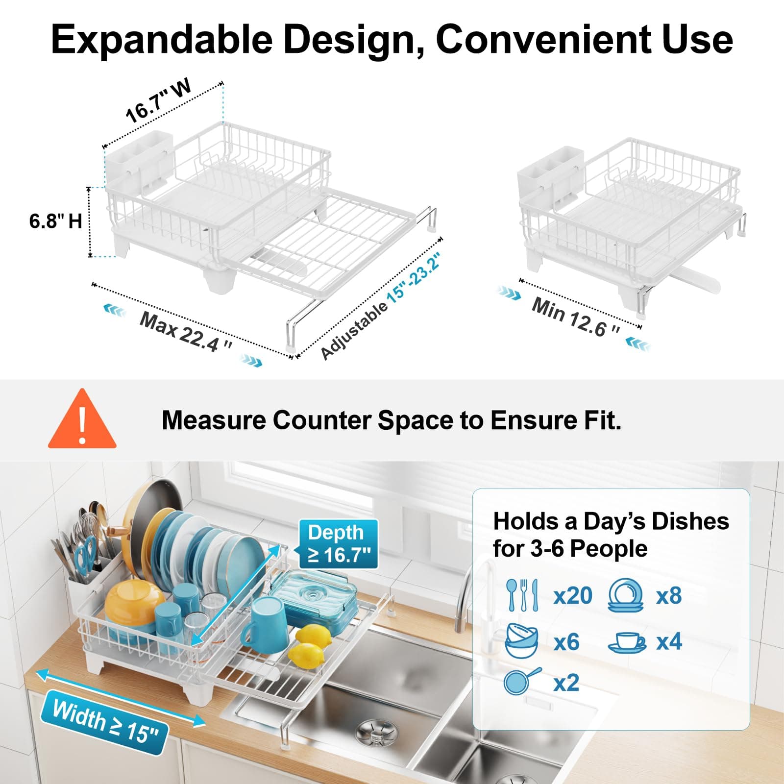 GSlife Expandable Dish Drying Rack Kitchen Counter Large Capacity 2-in-1 Rust Re - Thumbnail 4
