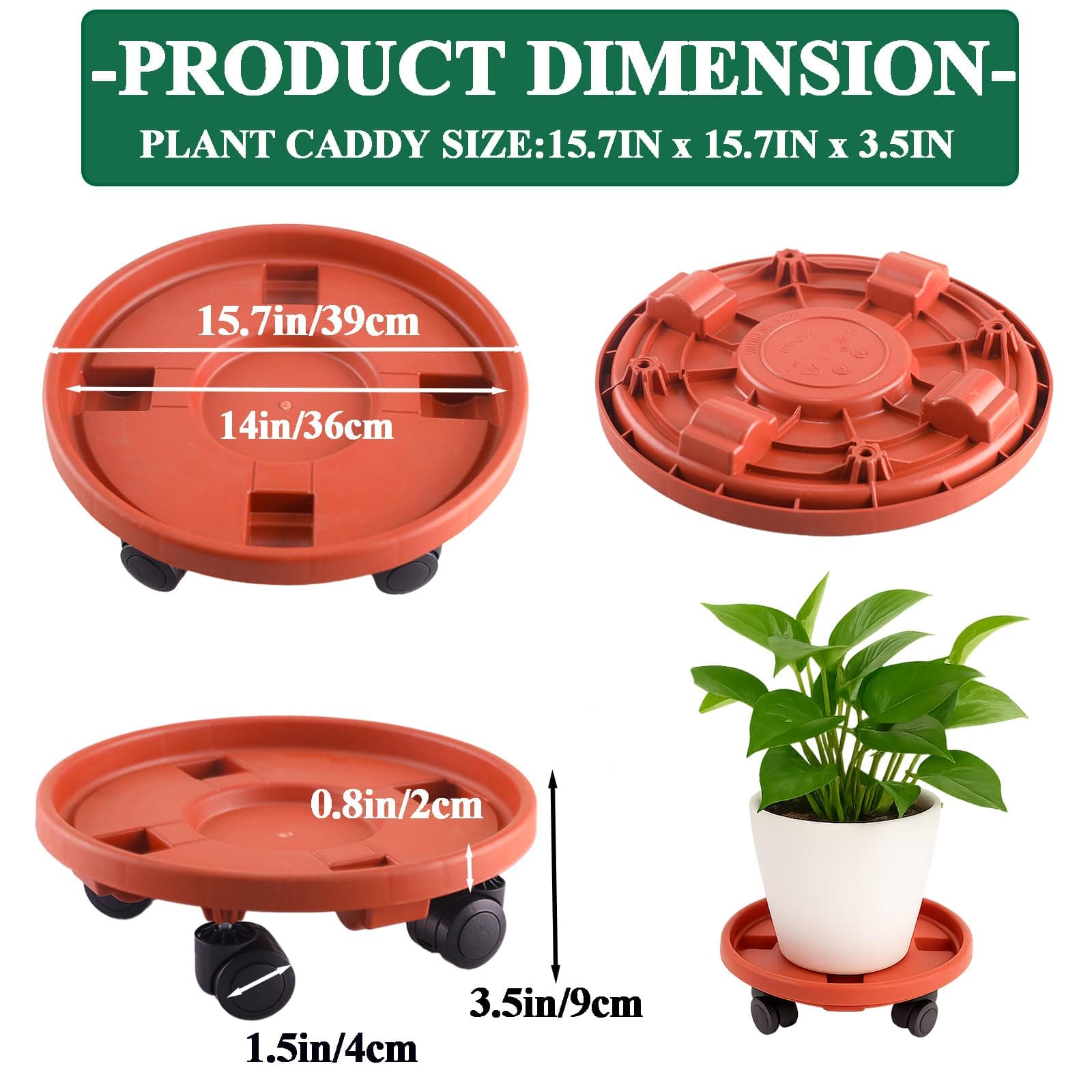 Tulpeed Rolling Plant Stand with Wheels 5 Pack 15.7 Inch Plant Caddy with Wheels - Thumbnail 2