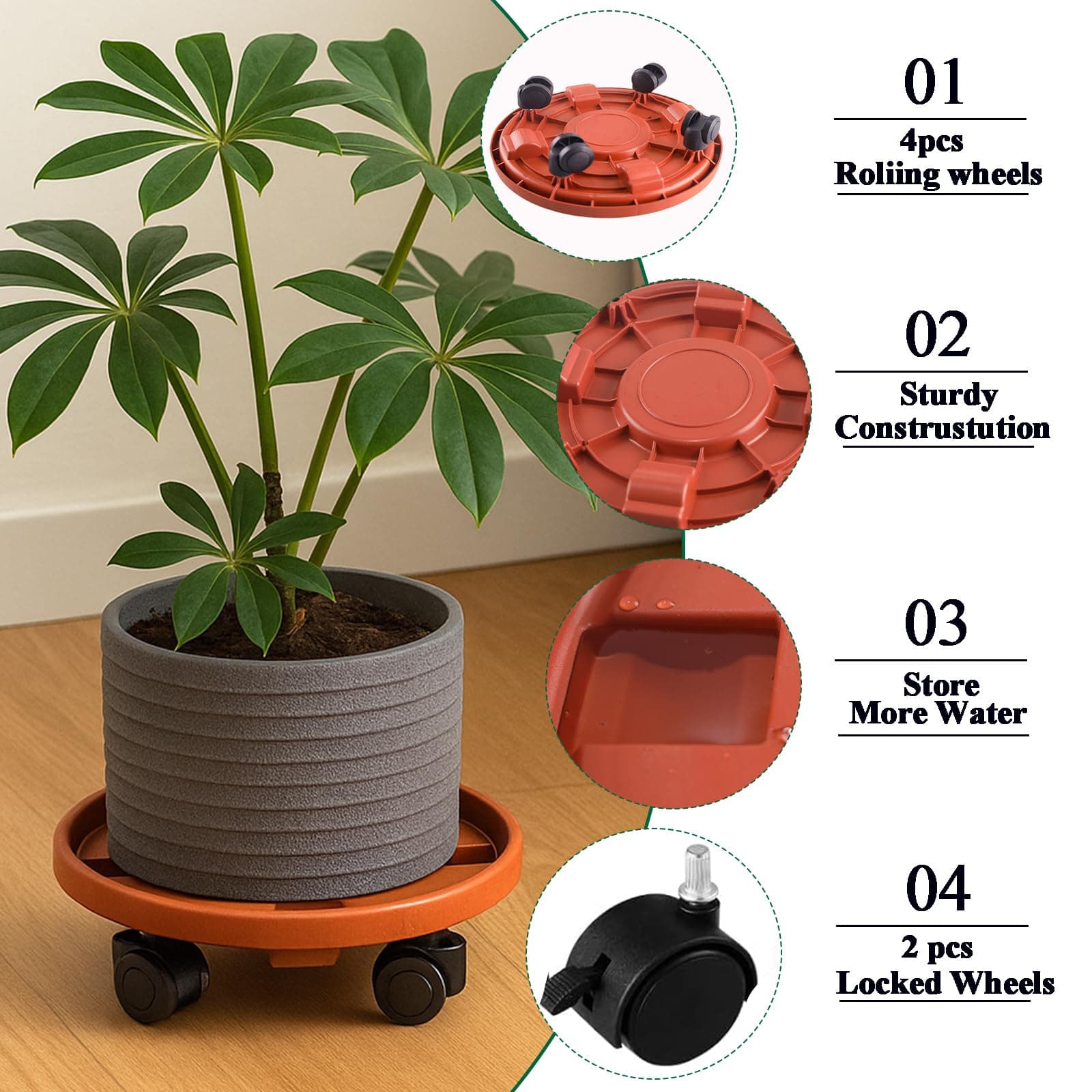 Tulpeed Rolling Plant Stand with Wheels 5 Pack 15.7 Inch Plant Caddy with Wheels - Thumbnail 4