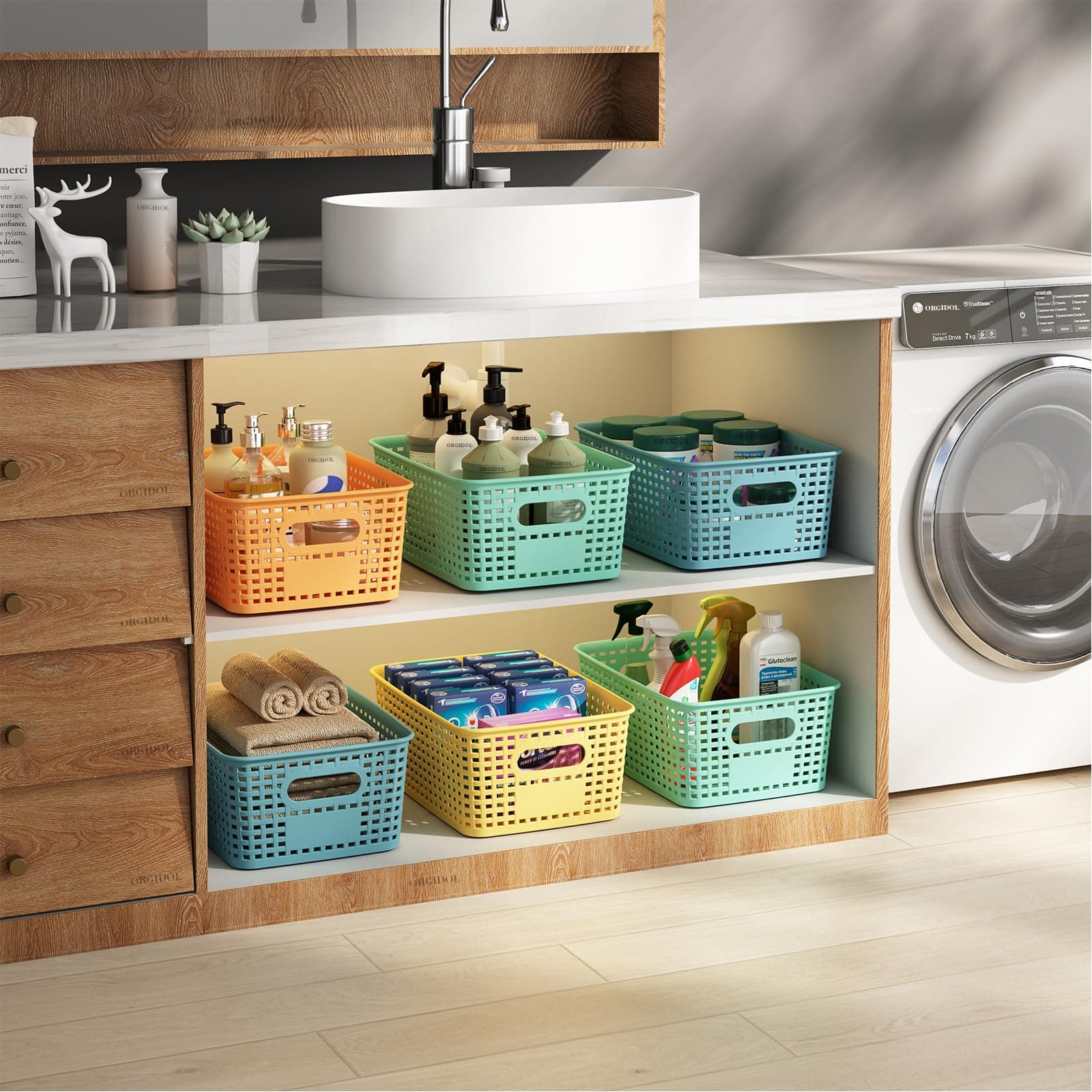 ORGIDOL Plastic Storage Basket with Lids 12 Pack Stackable Colorful Storage Bins - Thumbnail 4