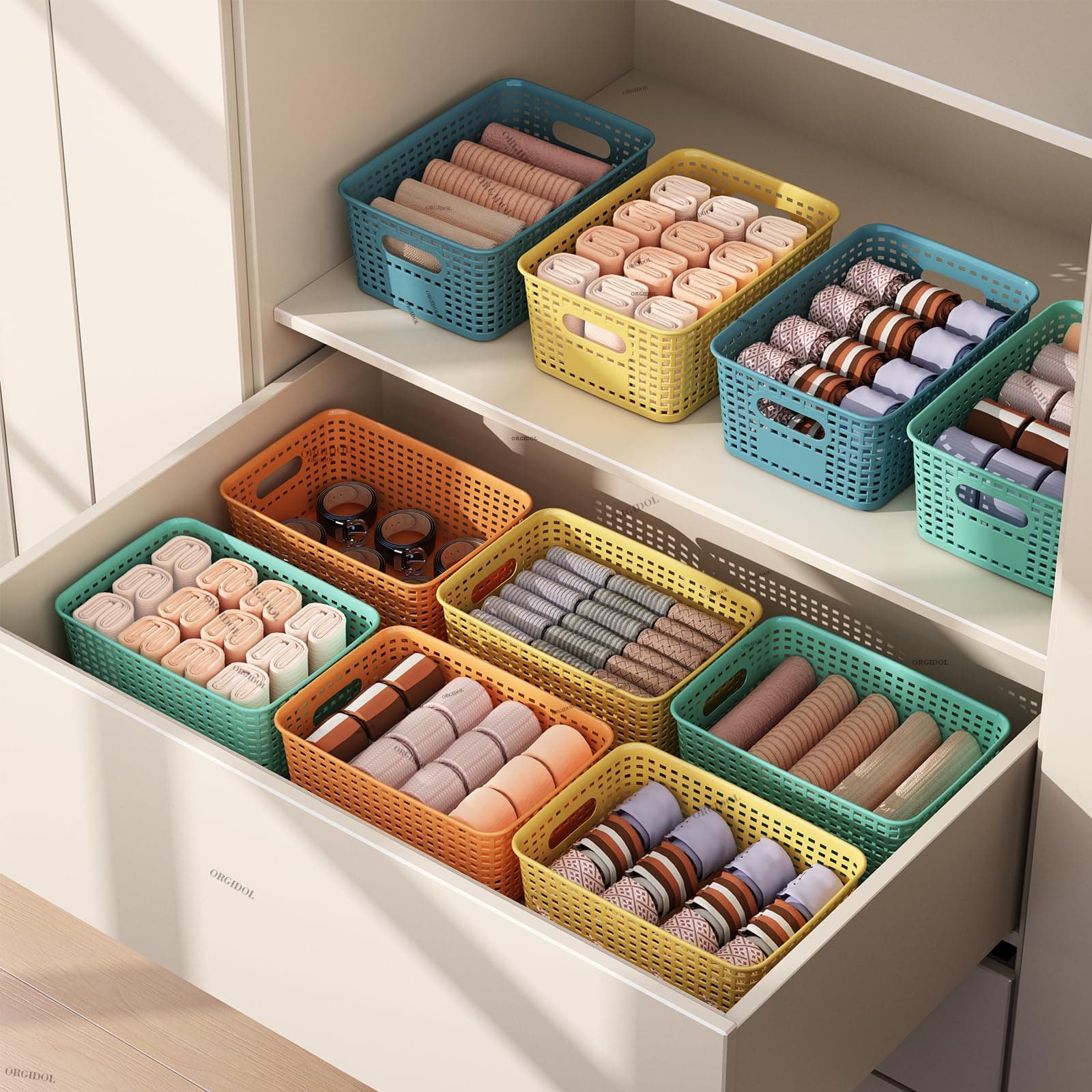 ORGIDOL Plastic Storage Basket with Lids 12 Pack Stackable Colorful Storage Bins - Thumbnail 8
