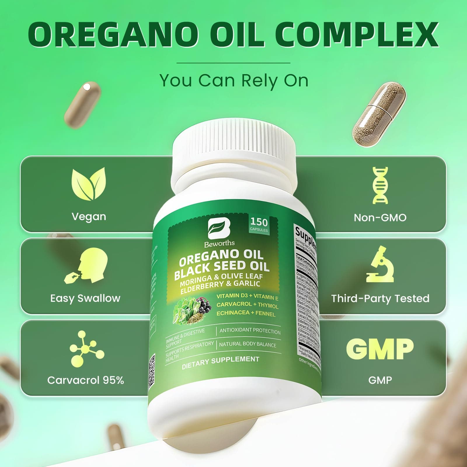 2PCS Oil of Oregano with Black Seed Oil - Oregano Oil Capsules Organic | Moringa - Thumbnail 7