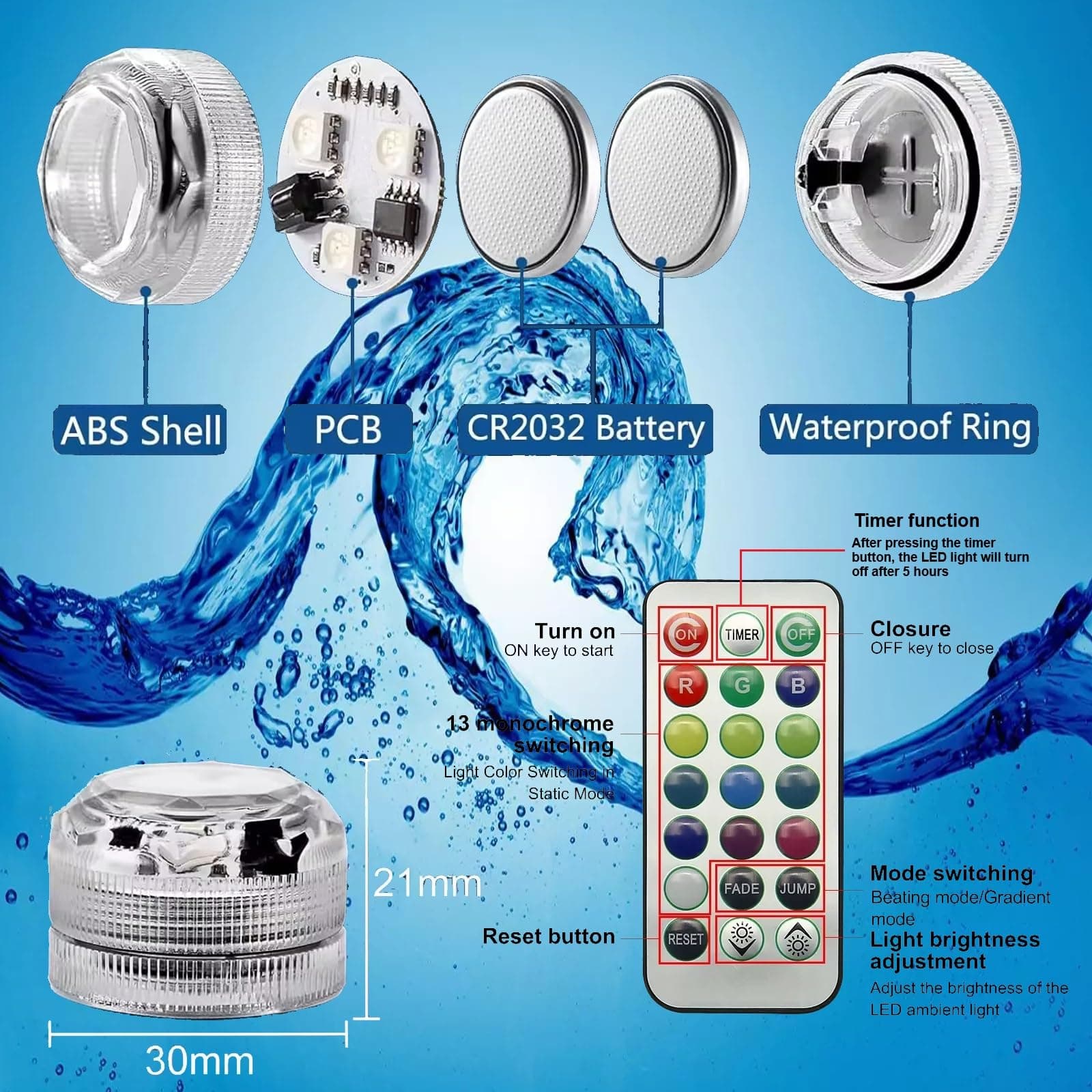 RGB Waterproof Submersible LED Lights 12PCS with Remote & Timer Battery-Operated - Thumbnail 2