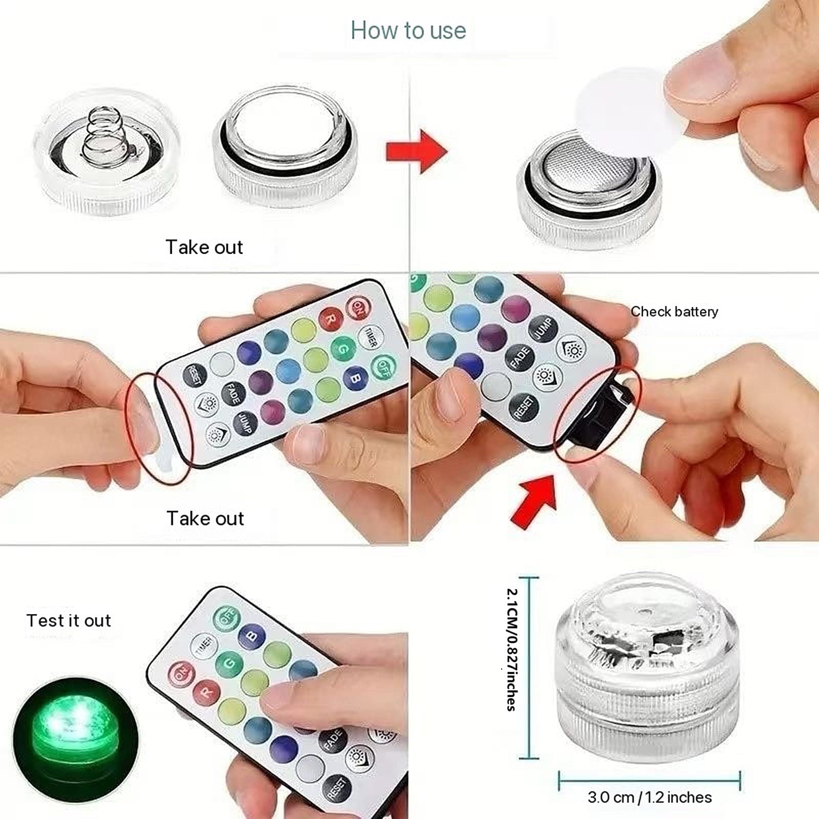 RGB Waterproof Submersible LED Lights 12PCS with Remote & Timer Battery-Operated - Thumbnail 3