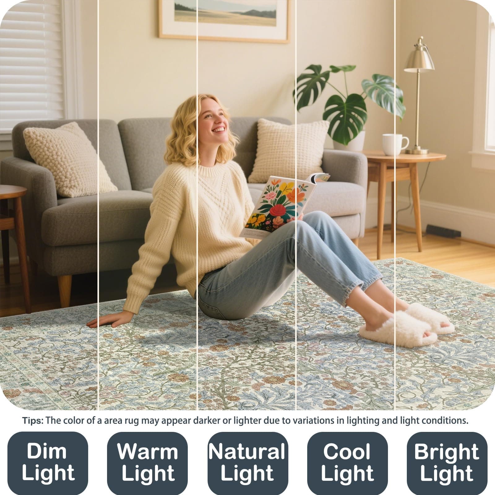 Shinefly Vintage Beige Blue Living Room Rug 6x9 Washable Non-Slip Floral Area Ca - Thumbnail 7
