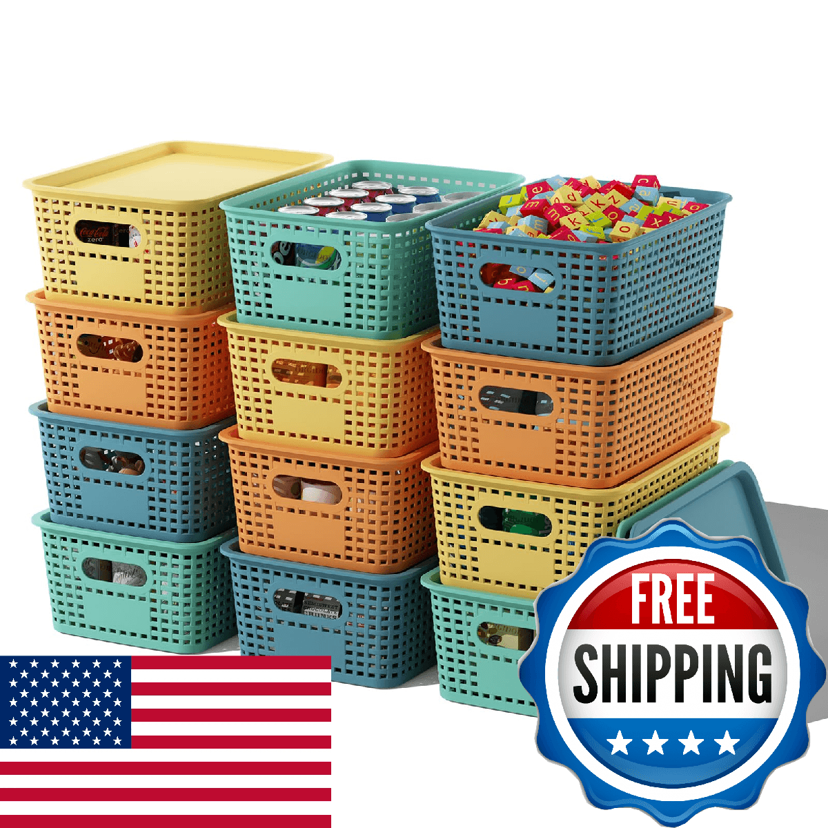 ORGIDOL Plastic Storage Basket with Lids 12 Pack Stackable Colorful Storage Bins