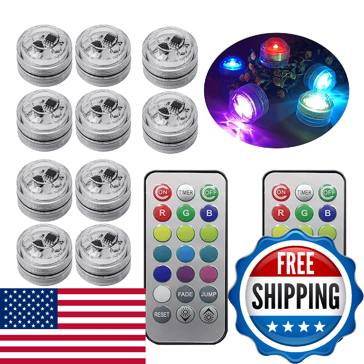 RGB Waterproof Submersible LED Lights 12PCS with Remote & Timer Battery-Operated
