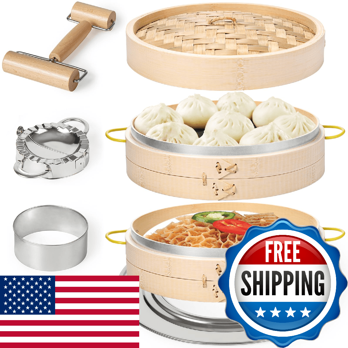 MacaRio Bamboo Steamer Basket Set 10 inch Dumpling Steamer for Cooking with Side