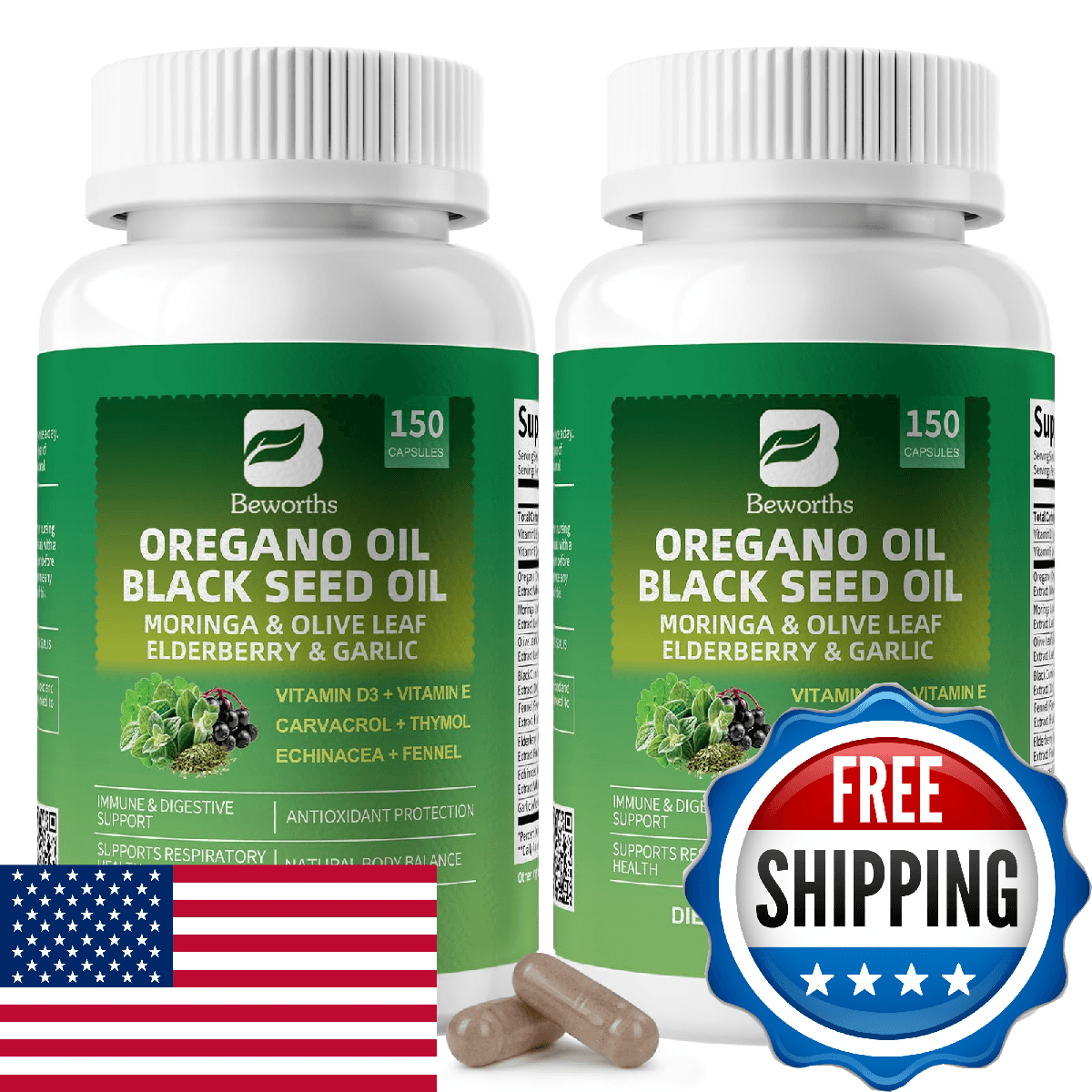 2PCS Oil of Oregano with Black Seed Oil - Oregano Oil Capsules Organic | Moringa