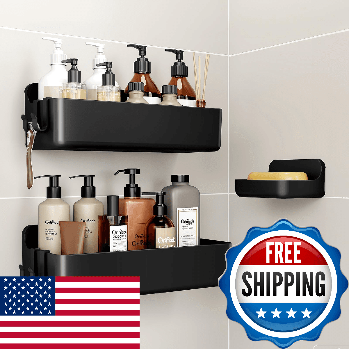 Orimade Shower Caddy 3-Pack No-Drill Adhesive Shelves with Hooks Bathroom Rustpr - Image 1