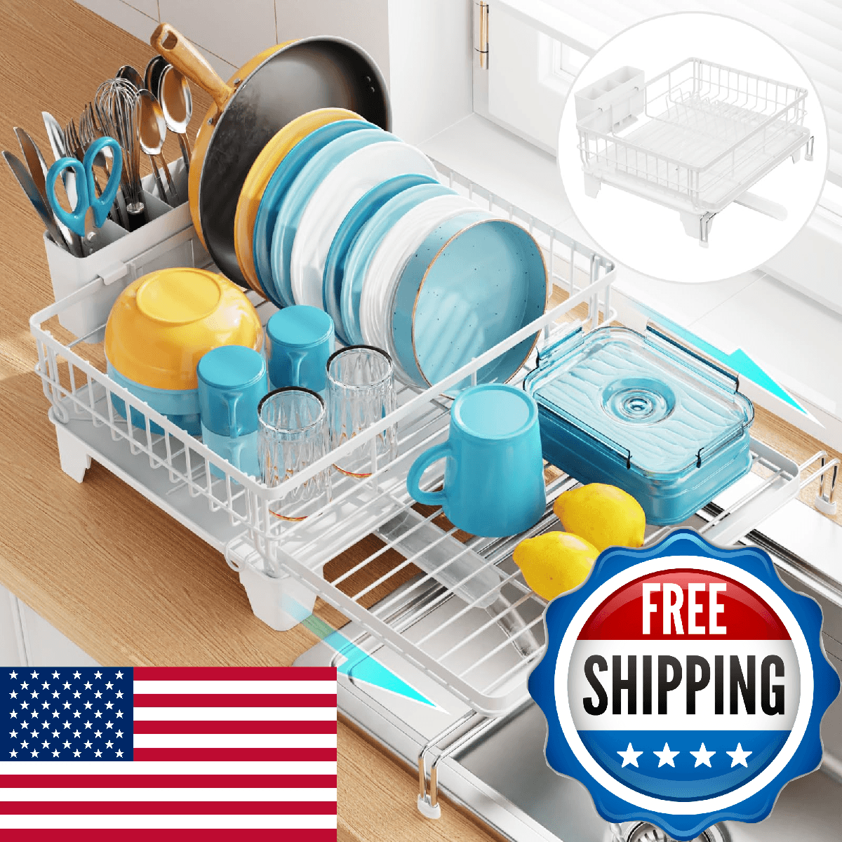 GSlife Expandable Dish Drying Rack Kitchen Counter Large Capacity 2-in-1 Rust Re