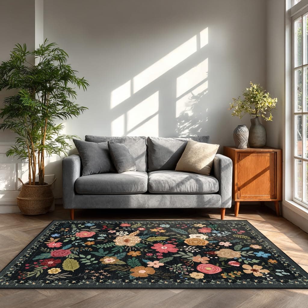 6x9 Area Rug Floral Rugs for Living Room Stain-Resistant Washable Non-Slip Indoo - Thumbnail 2