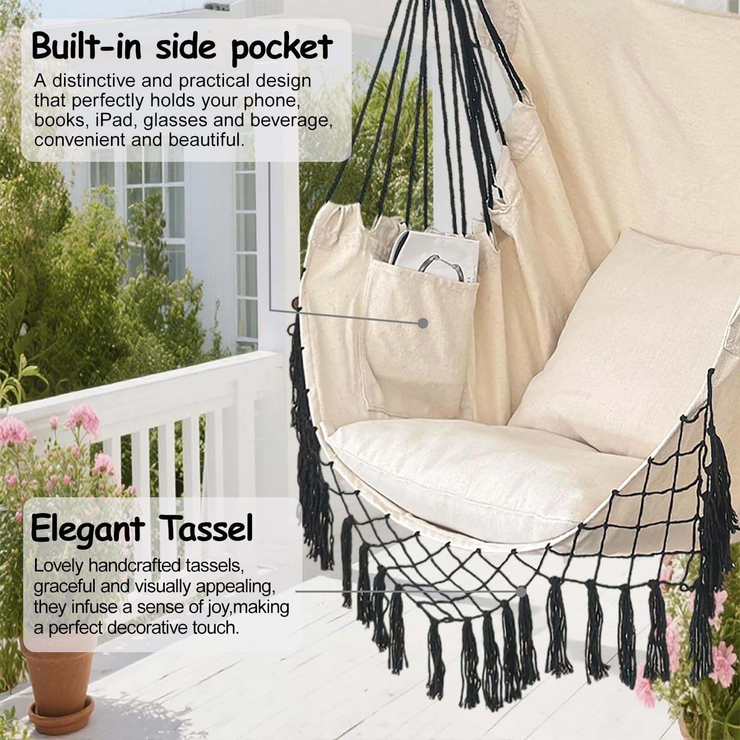 PIRNY Hammock Chair Hanging Rope Swing Chair Max 450 Lbs Large Hanging Chair Poc - Thumbnail 2