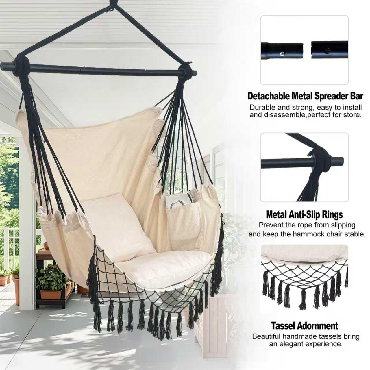 PIRNY Hammock Chair Hanging Rope Swing Chair Max 450 Lbs Large Hanging Chair Poc - Thumbnail 6