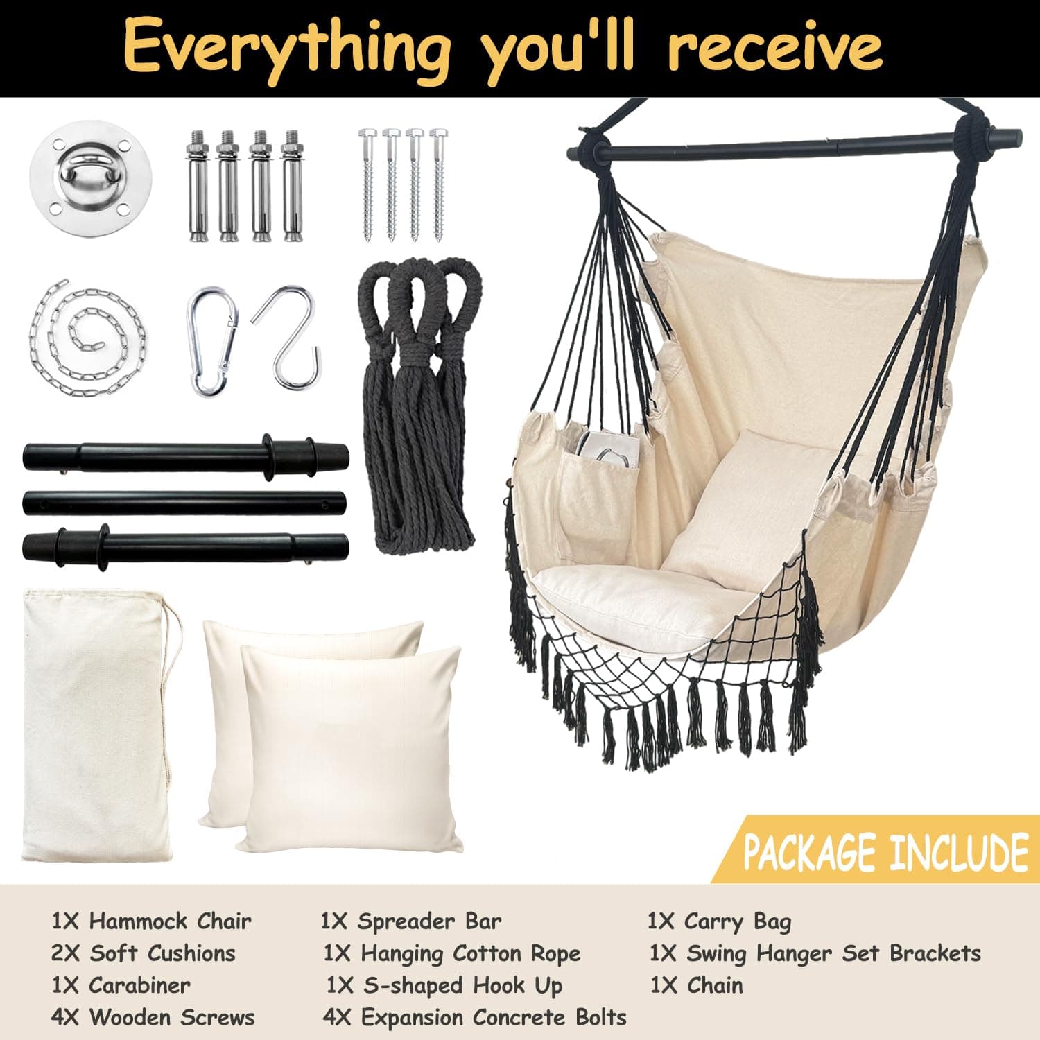 PIRNY Hammock Chair Hanging Rope Swing Chair Max 450 Lbs Large Hanging Chair Poc - Thumbnail 3