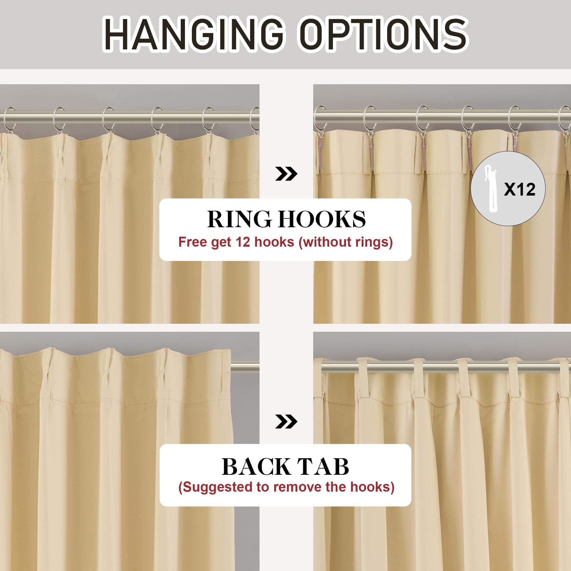 DONREN Beige Pinch Pleated Blackout Curtains with Hooks - 78 inch Length Room Da - Thumbnail 3