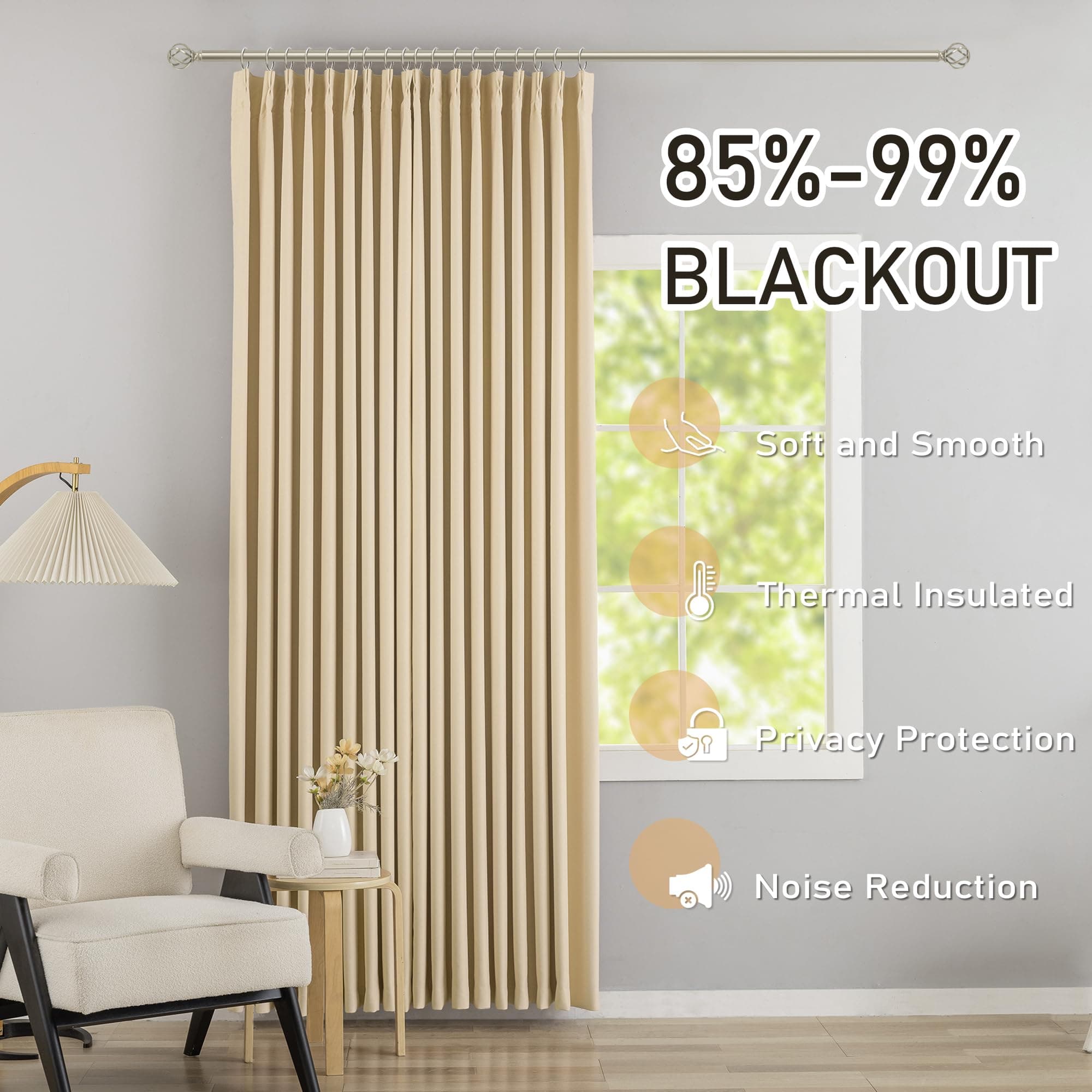 DONREN Beige Pinch Pleated Blackout Curtains with Hooks - 78 inch Length Room Da - Thumbnail 2