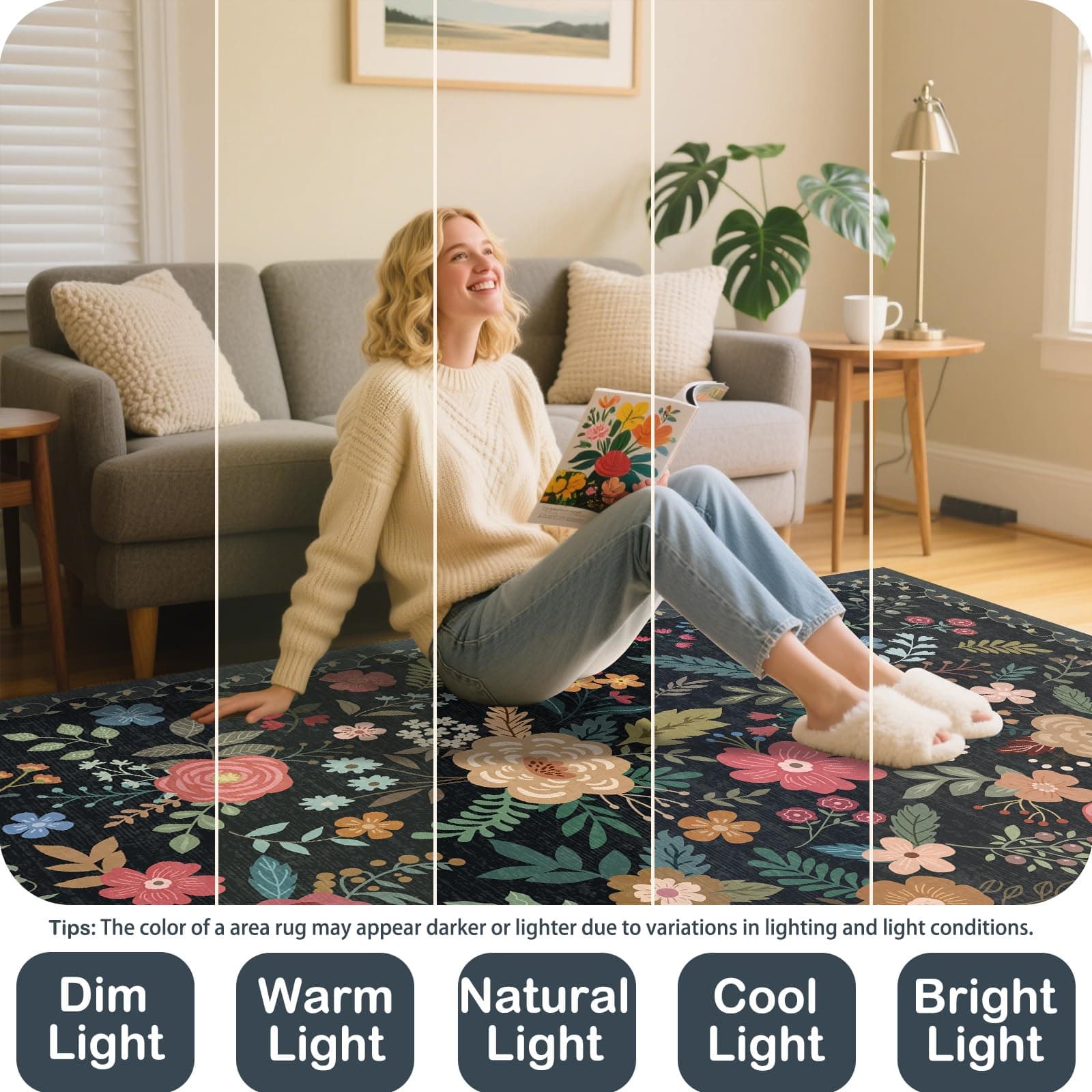 6x9 Area Rug Floral Rugs for Living Room Stain-Resistant Washable Non-Slip Indoo - Thumbnail 8
