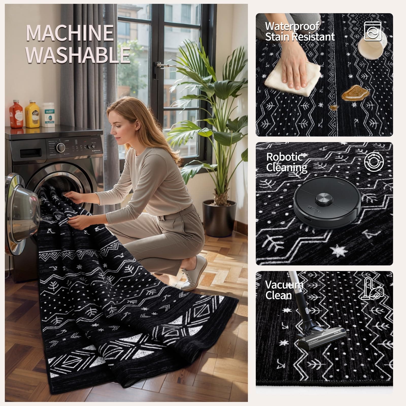 SERISSA 4x6 Area Rugs Living Room Washable Non-Slip Black White Boho Rug Soft Lo - Thumbnail 3