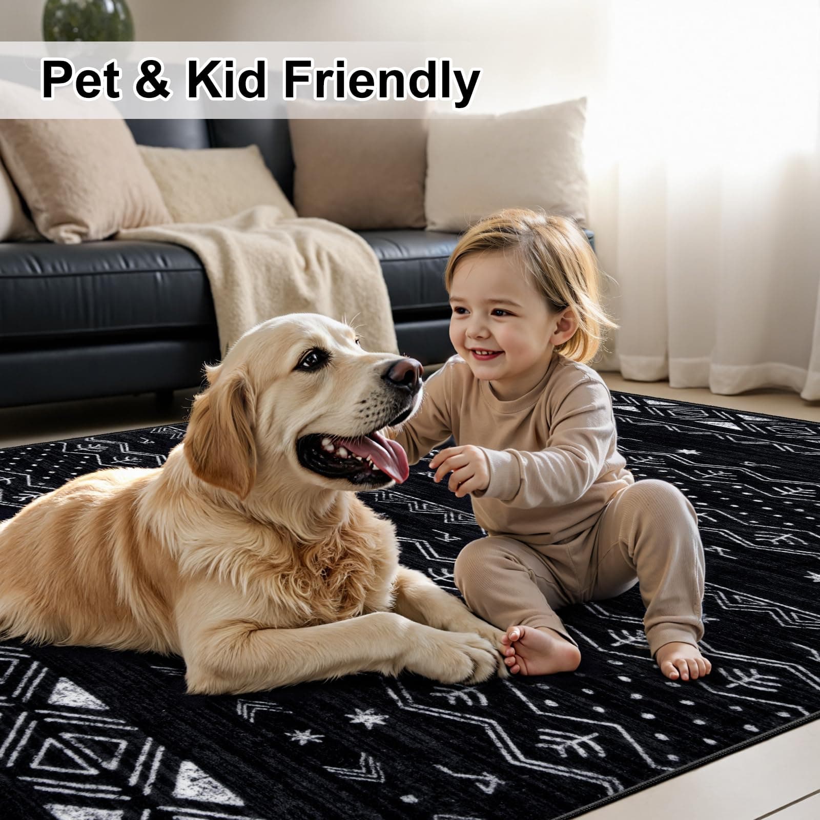 SERISSA 4x6 Area Rugs Living Room Washable Non-Slip Black White Boho Rug Soft Lo - Thumbnail 6