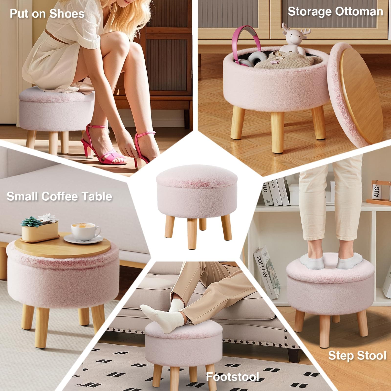 Poofzy Small Ottoman with Storage, Small Foot Stool Ottoman with Wood Legs, Faux - Thumbnail 4