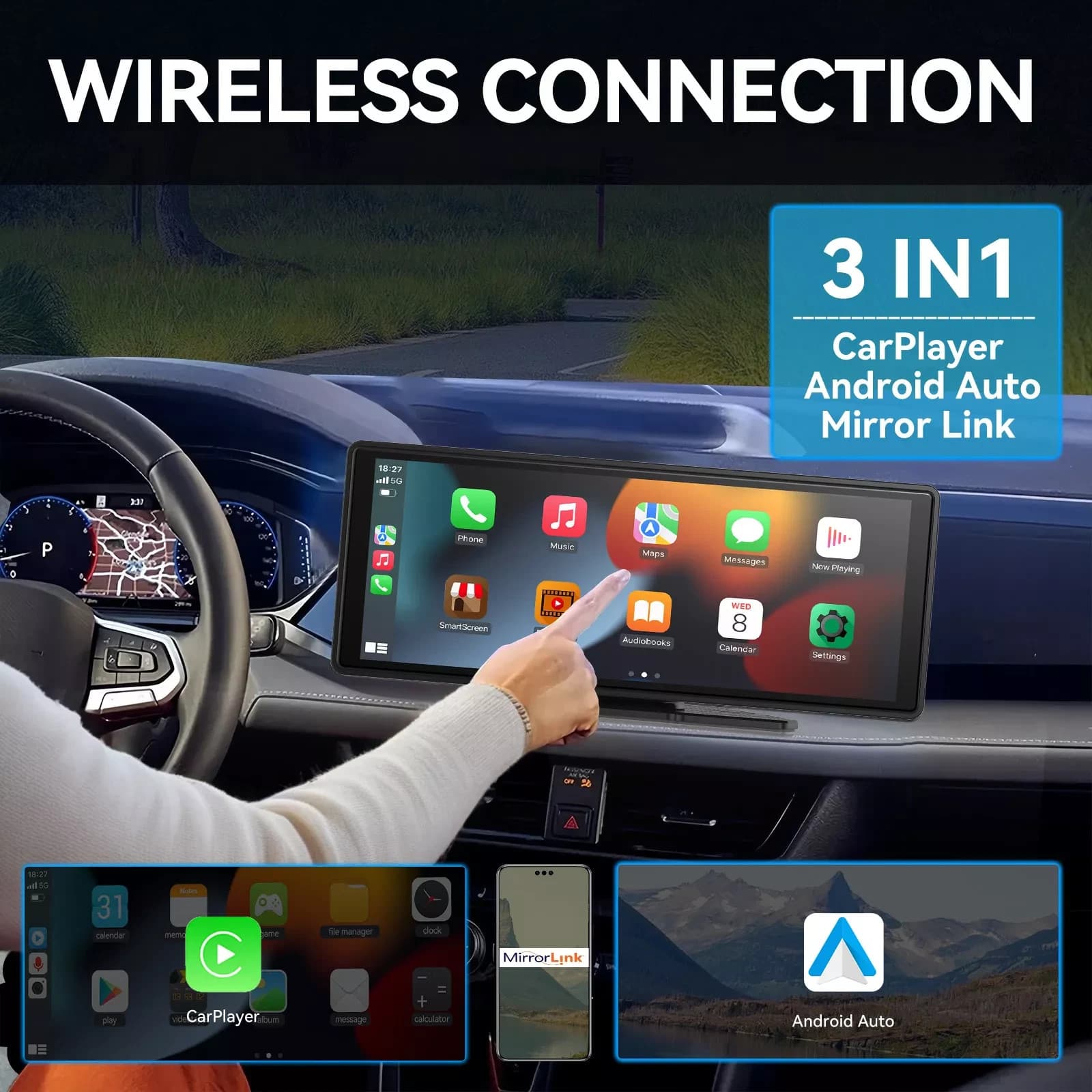 Universal Portable Wireless CarPlay & Android Auto Touchscreen for Car - Image 1