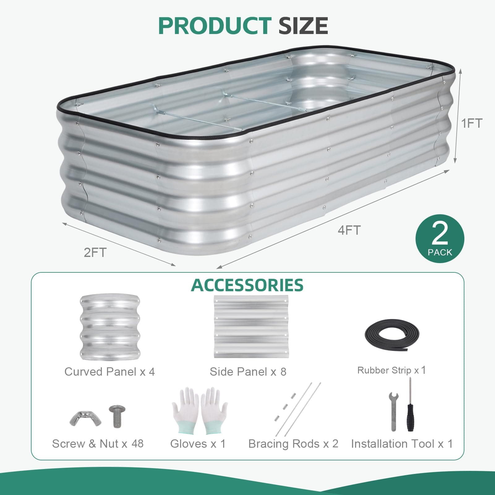 BIRDSINYARD 3 in 1 Galvanized Raised Garden Bed 4x2x1ft 2 Packs Modular Planter - Thumbnail 3