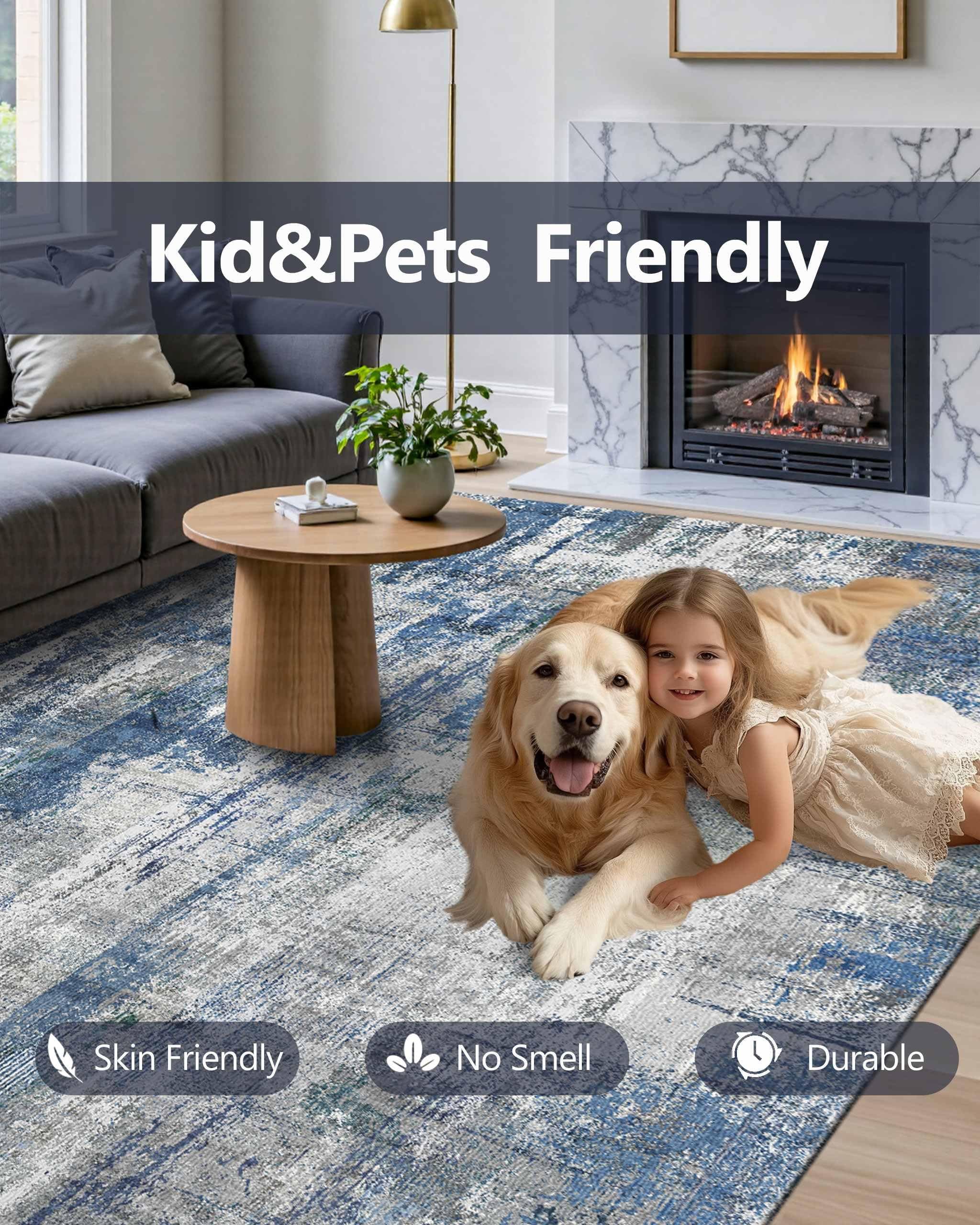 Latte&Fog 5x7 Area Rugs for Living Room Bedroom, Blue Modern Abstract Neutral Wa - Thumbnail 7