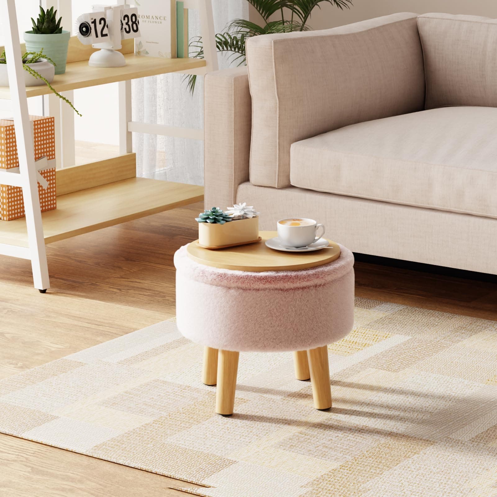 Poofzy Small Ottoman with Storage, Small Foot Stool Ottoman with Wood Legs, Faux - Thumbnail 2