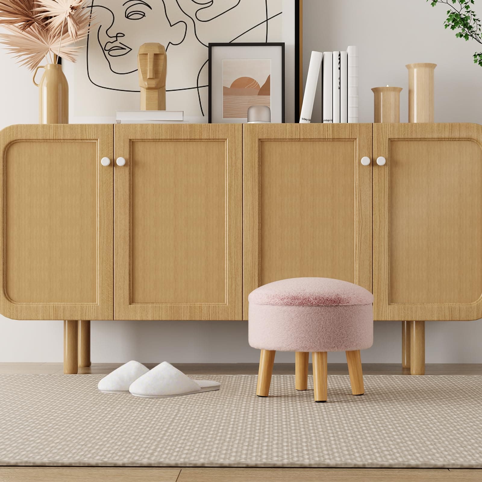 Poofzy Small Ottoman with Storage, Small Foot Stool Ottoman with Wood Legs, Faux - Thumbnail 6