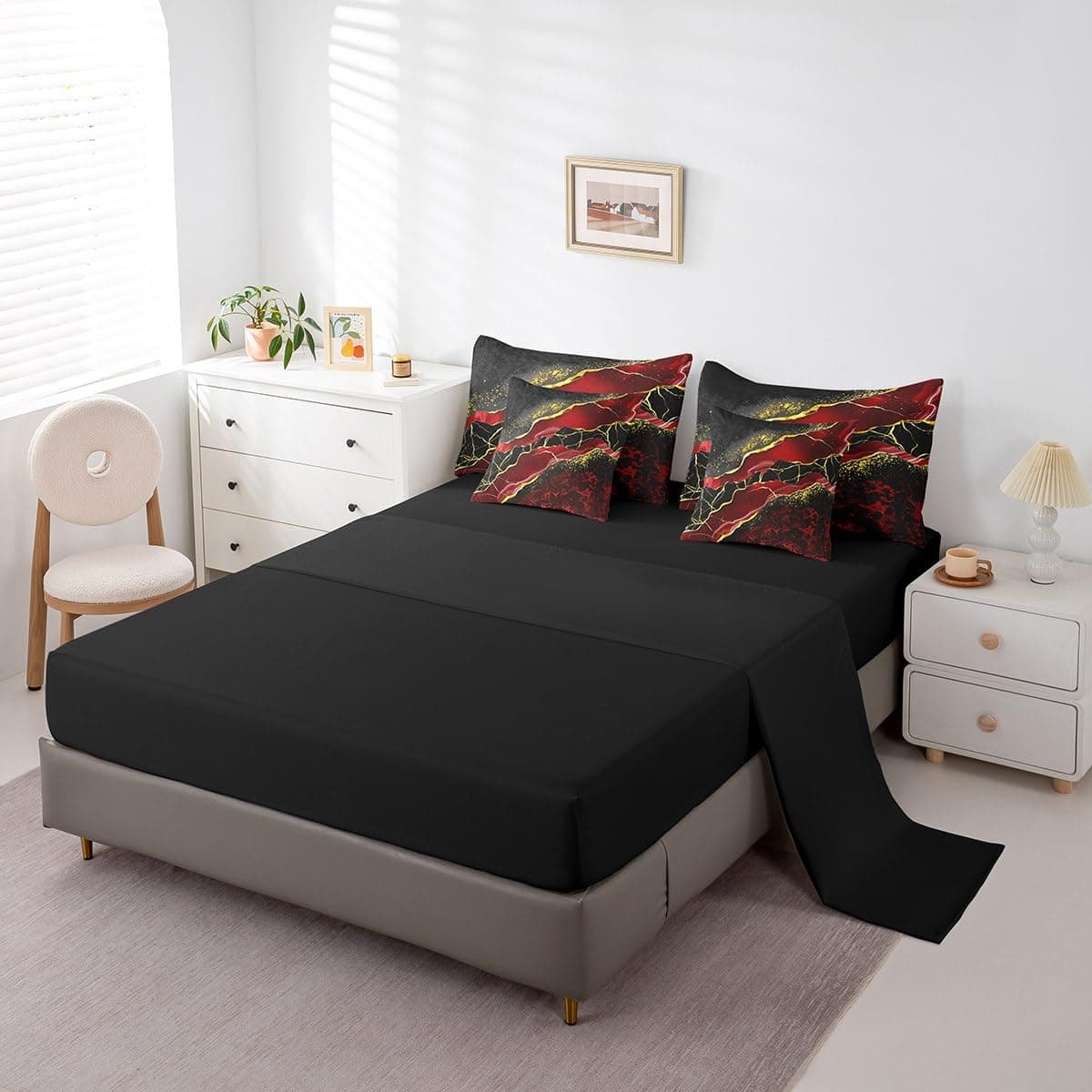 Erosebridal 7 Pcs Black Red Golden Marbling Crack Bed Set Twin Size Marble Comfo - Thumbnail 4