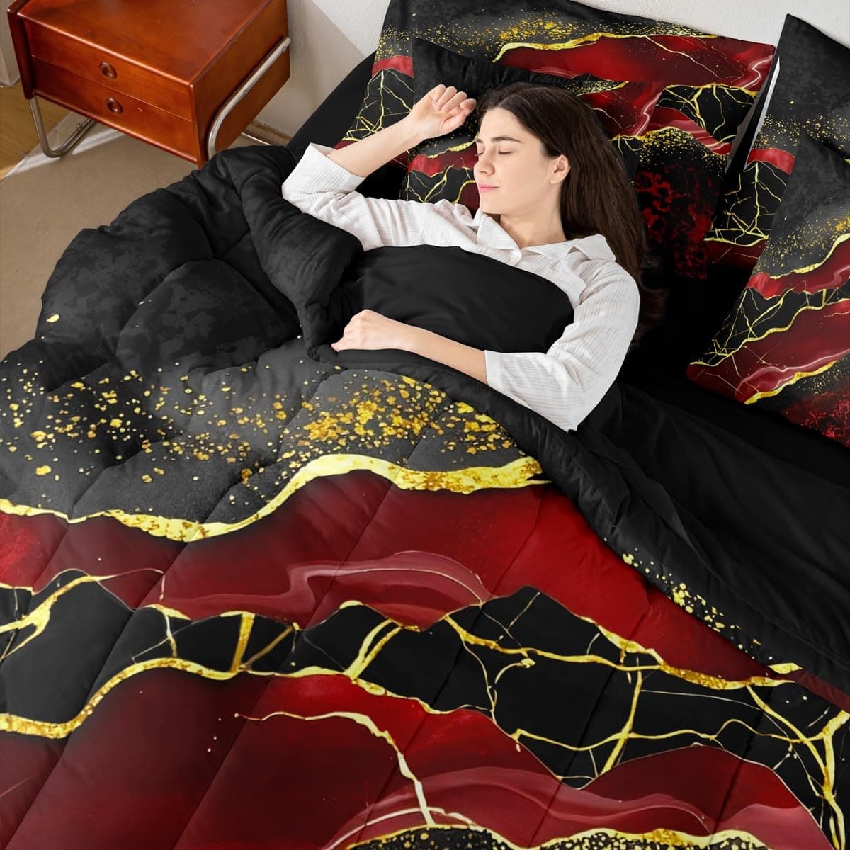 Erosebridal 7 Pcs Black Red Golden Marbling Crack Bed Set Twin Size Marble Comfo - Thumbnail 5