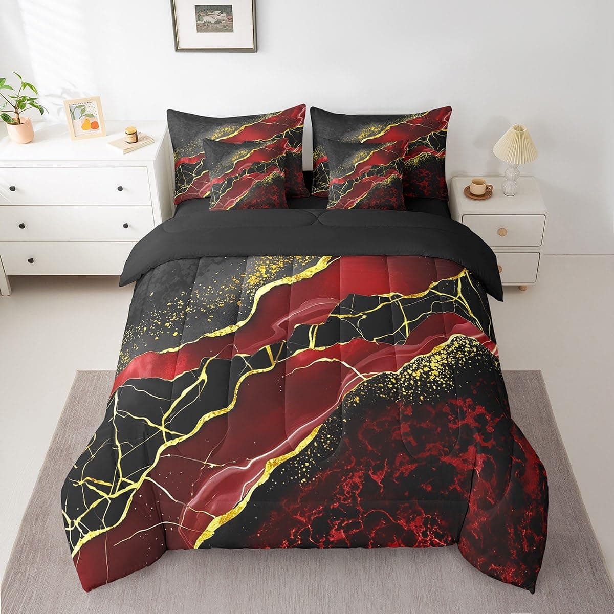 Erosebridal 7 Pcs Black Red Golden Marbling Crack Bed Set Twin Size Marble Comfo - Thumbnail 2
