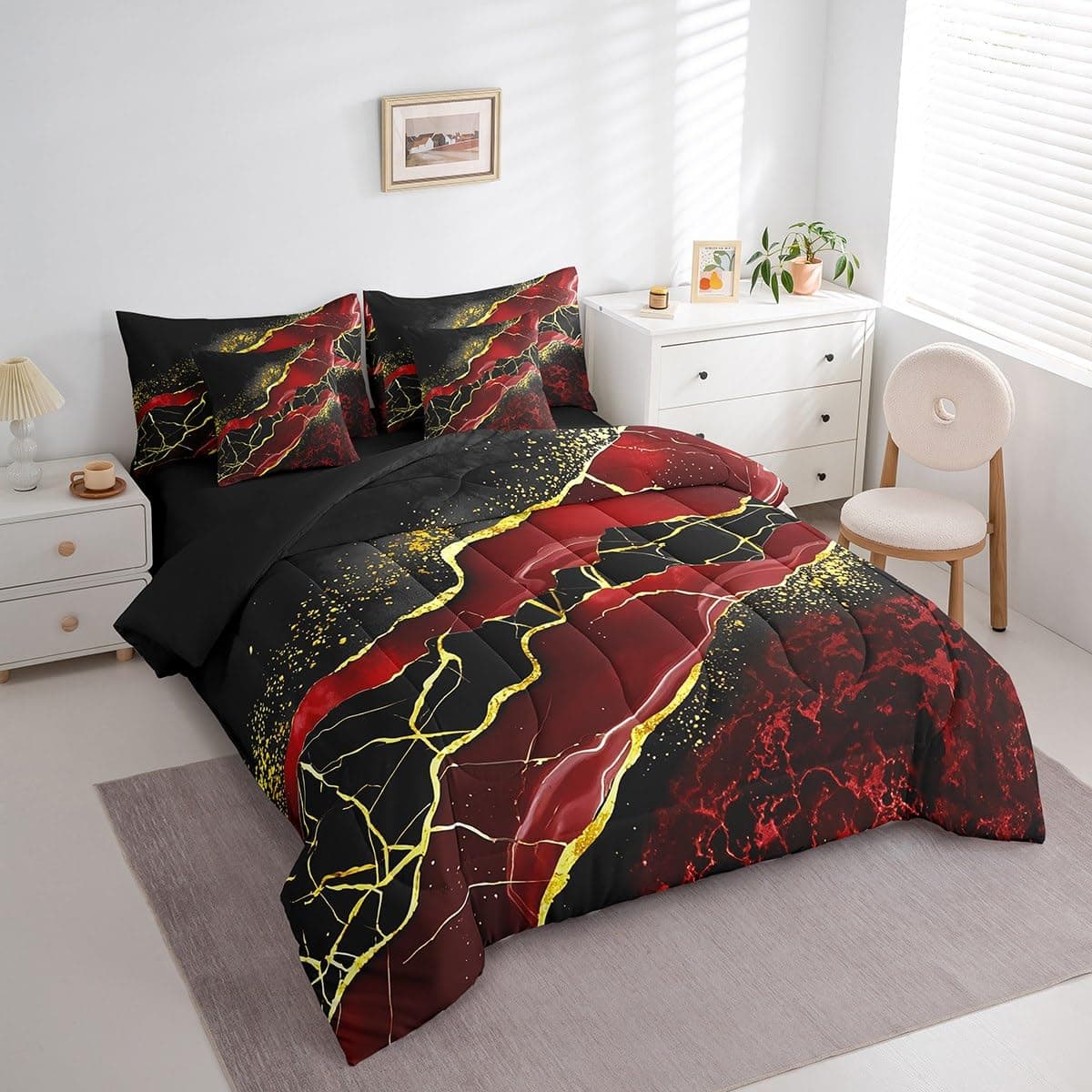 Erosebridal 7 Pcs Black Red Golden Marbling Crack Bed Set Twin Size Marble Comfo - Thumbnail 3