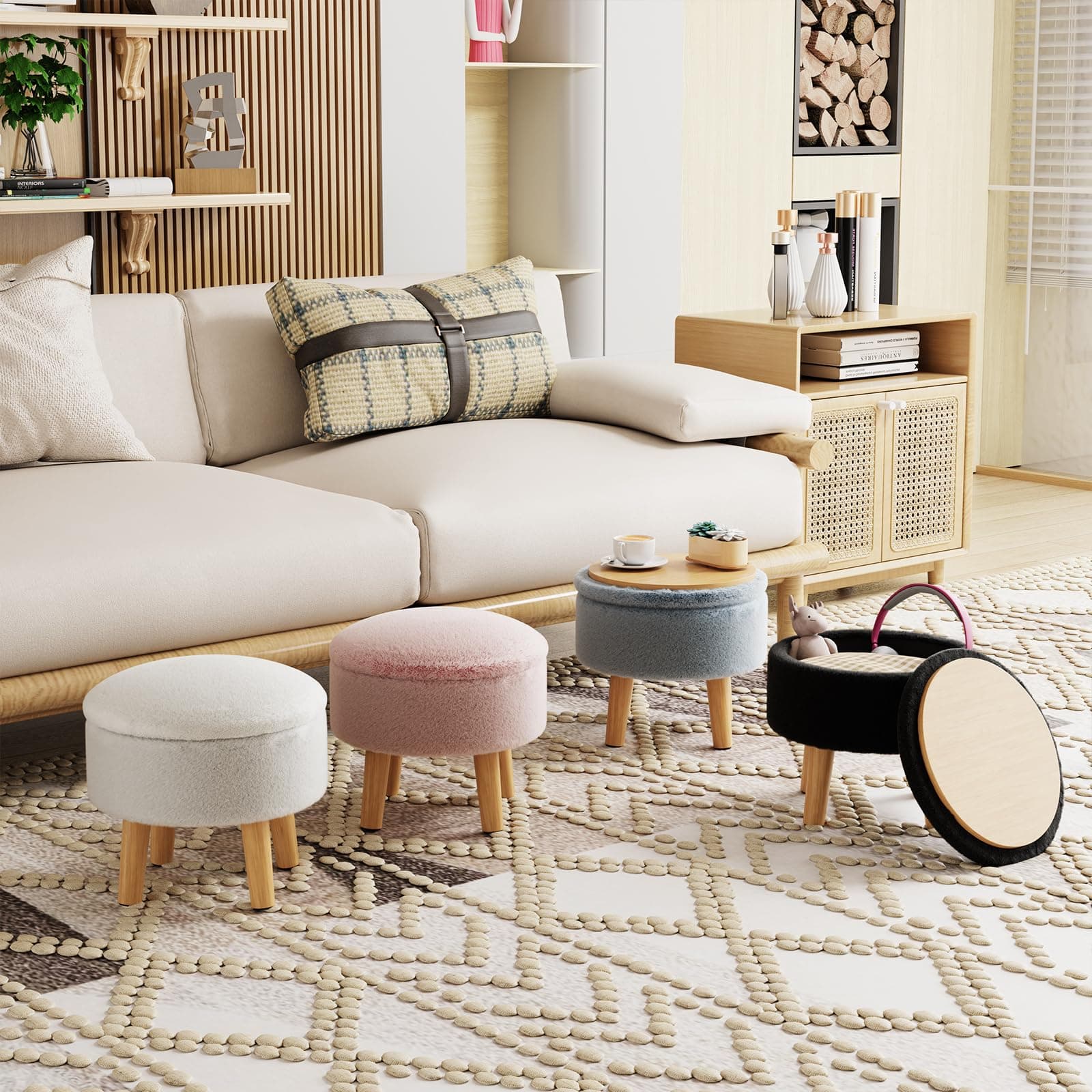Poofzy Small Ottoman with Storage, Small Foot Stool Ottoman with Wood Legs, Faux - Thumbnail 7