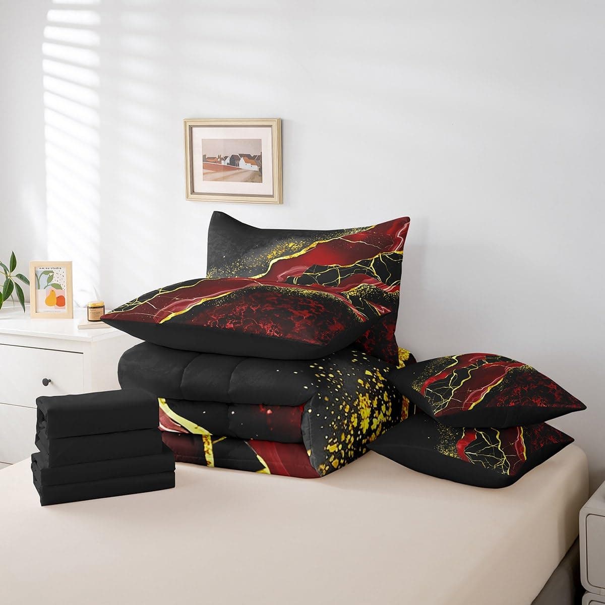 Erosebridal 7 Pcs Black Red Golden Marbling Crack Bed Set Twin Size Marble Comfo - Thumbnail 6