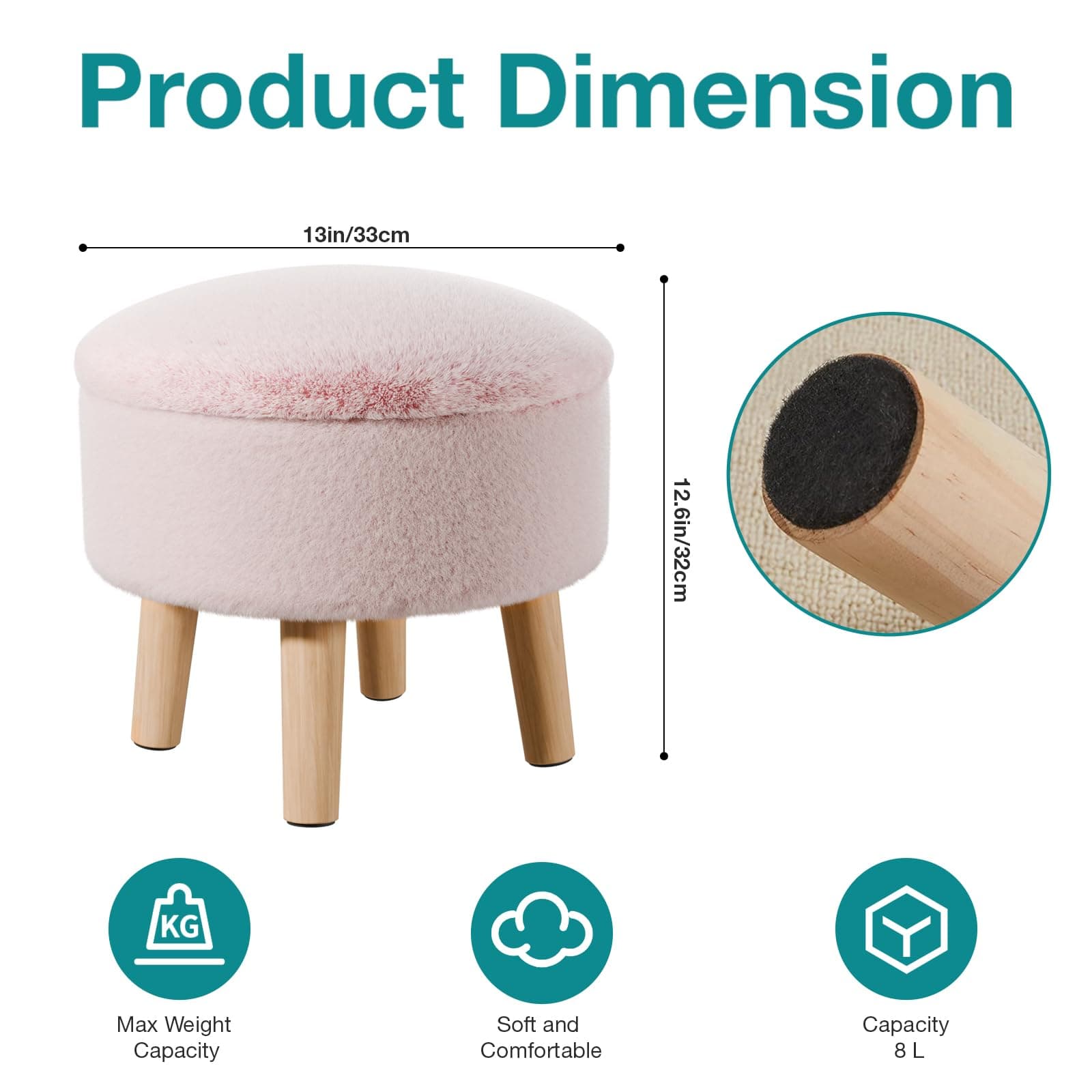 Poofzy Small Ottoman with Storage, Small Foot Stool Ottoman with Wood Legs, Faux - Thumbnail 3