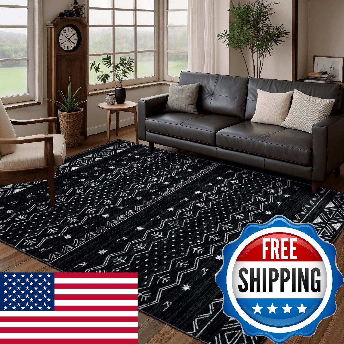 SERISSA 4x6 Area Rugs Living Room Washable Non-Slip Black White Boho Rug Soft Lo