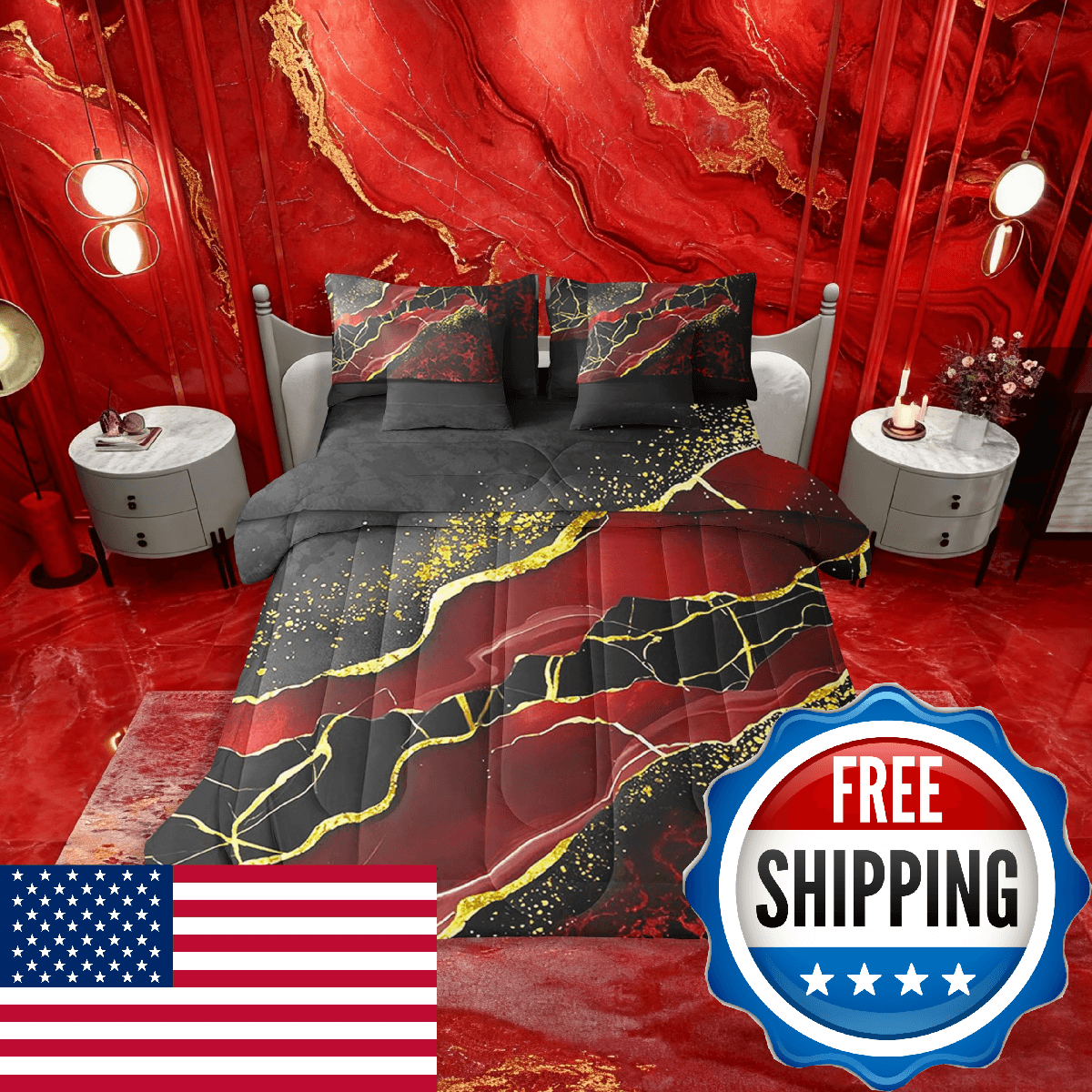 Erosebridal 7 Pcs Black Red Golden Marbling Crack Bed Set Twin Size Marble Comfo